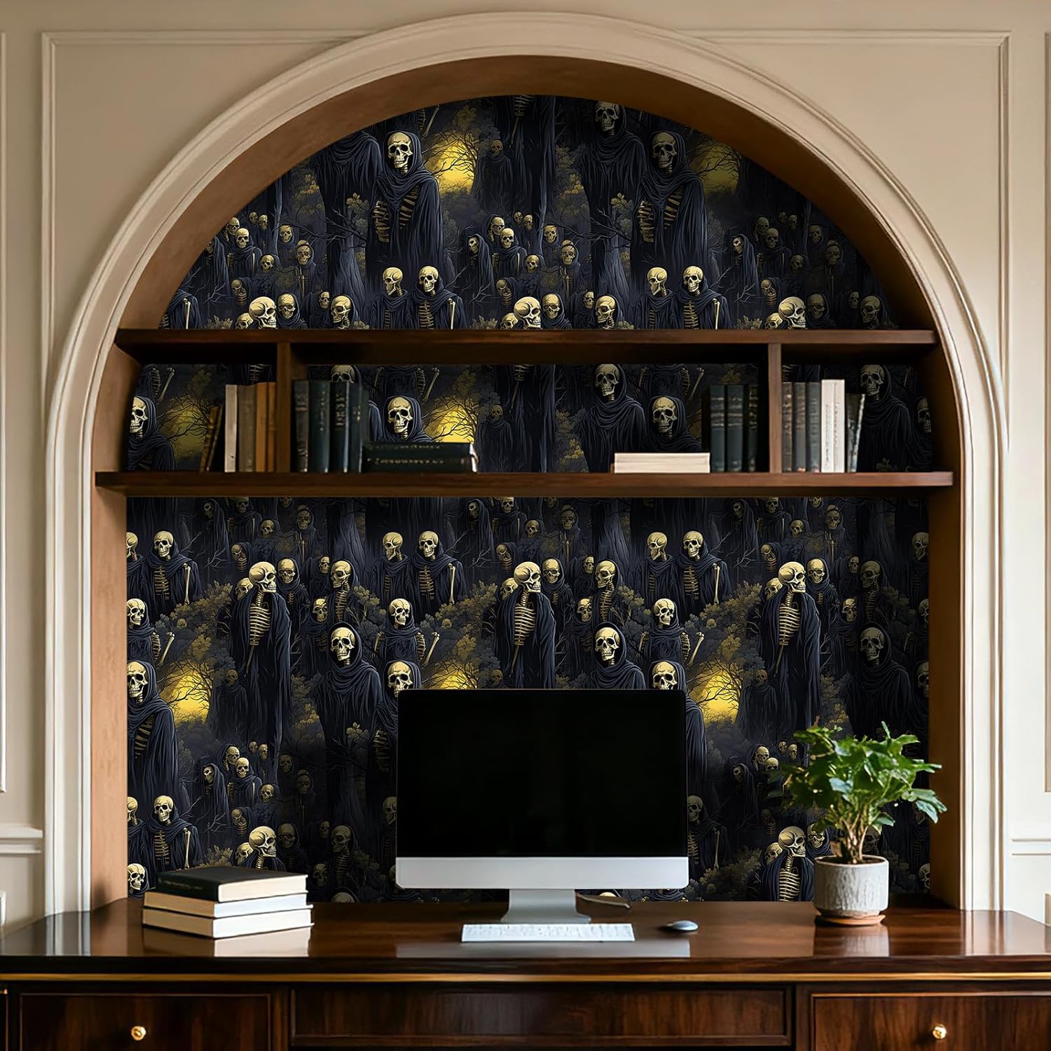 YENHOME Moody Gothic Wallpaper Peel and Stick Dark Forest Skeleton Skull Wallpaper 17.5" x10ft Spooky Undead Horde Macabre Art, Halloween Gothic Decor, Easter Resurrection Theme for Bedroom Game Room