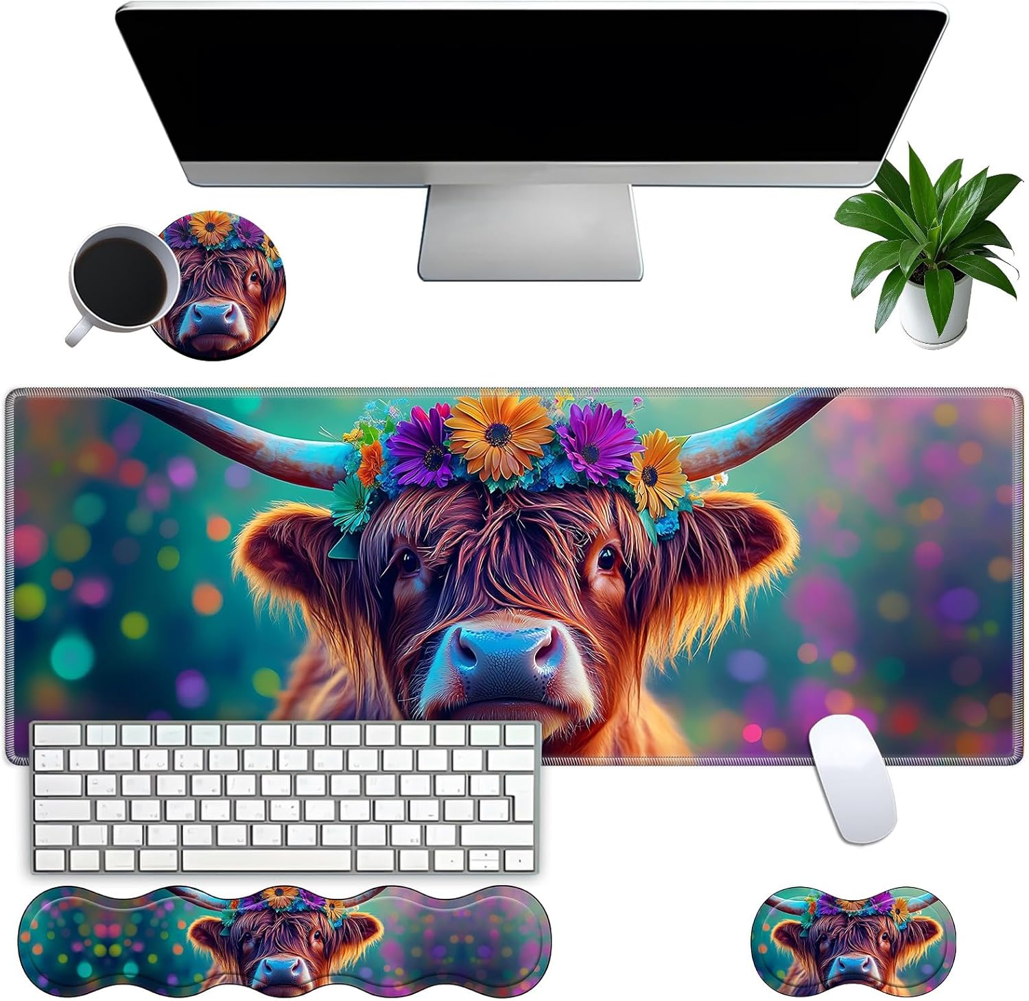 Large Gaming Mouse Pad Set with Wrist Support – 31.5" x 11.8" 4-in-1 XXL Mousepad with Keyboard Wrist Rest, Mouse Wrist Rest & Coaster – Ergonomic Desk Mat for Office, Home – Highland Cow Flower