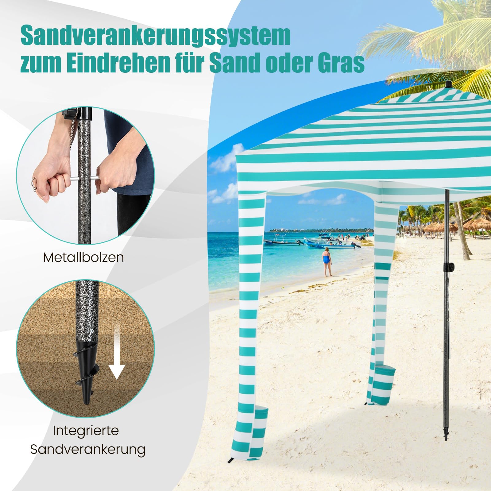 COSTWAY Osłona przeciwsłoneczna ze zdejmowaną ścianką boczną i 8 workami na piasek, przenośny namiot plażowy z torbą do przenoszenia, cień outdoorowy, na plażę, kemping, piknik, 183 x 183 cm