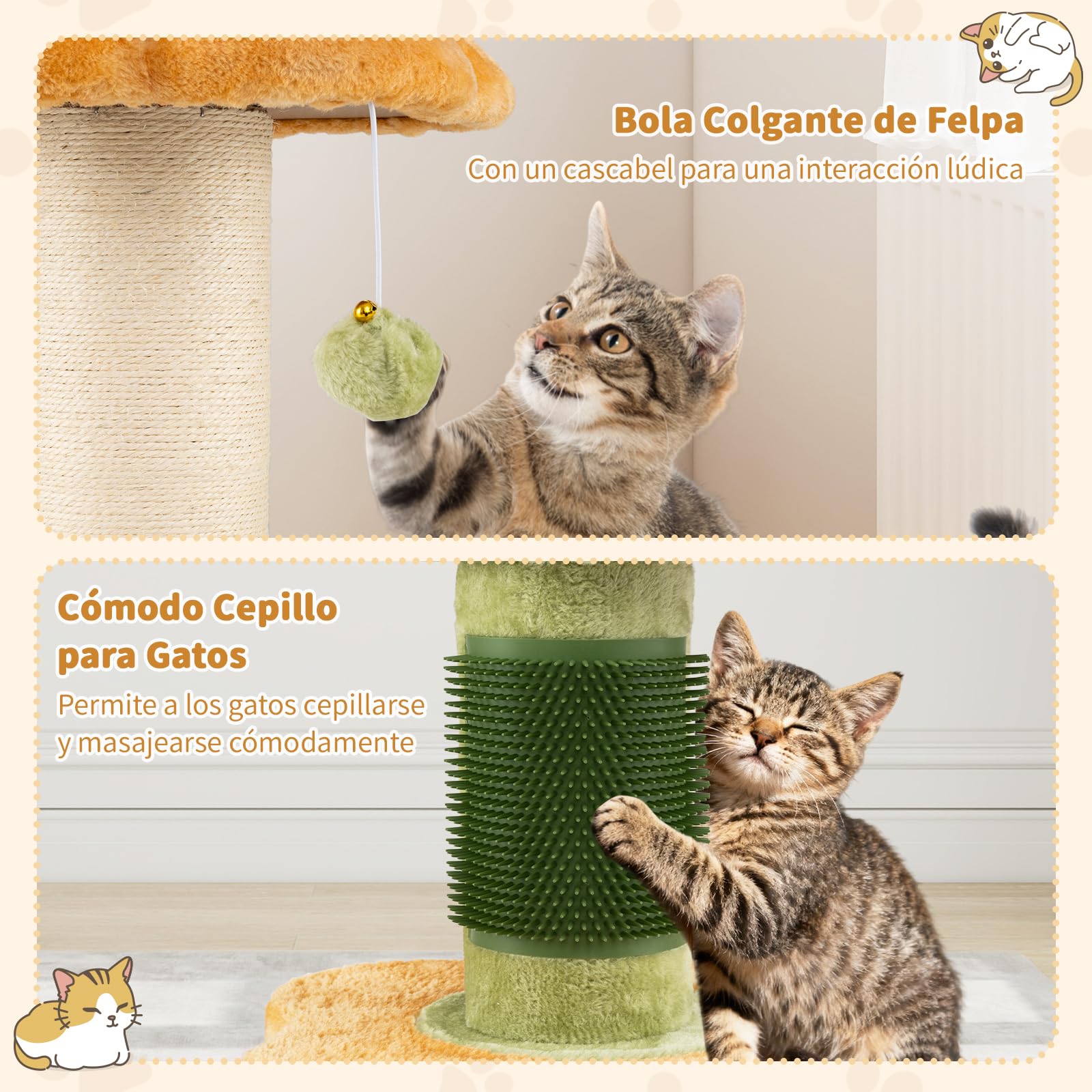 COSTWAY Árbol Rascador para Gatos 60cm, Diseño Flores, Torre Pequeña para Gatitos con Cama Acolchada de Tela Plush, Poste Rascador de Sisal, Bola Colgante, Árbol Pequño para Gatos, Interior (Amarillo)