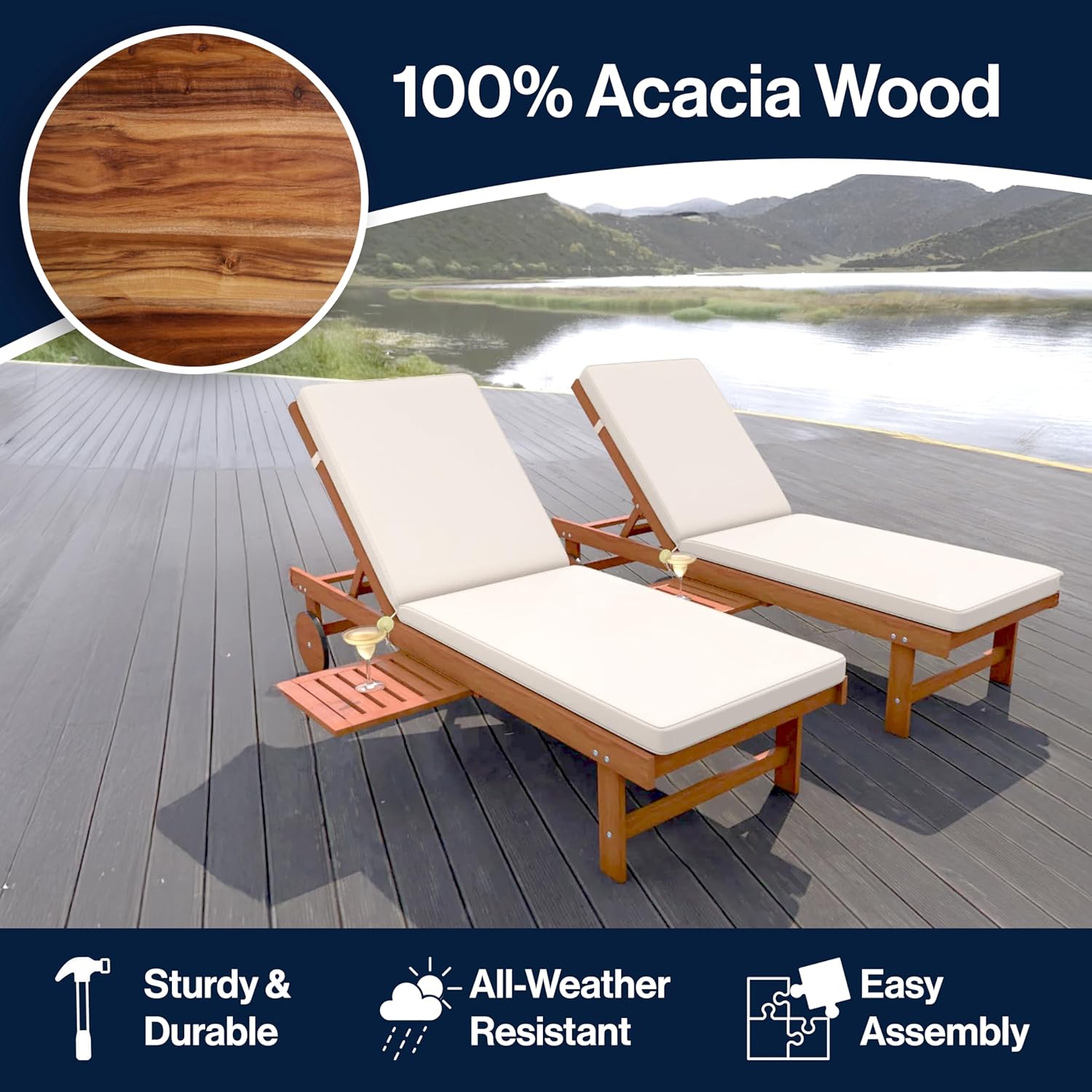 JONATHAN Y PAT1003B Seabrook 69 x 24 Inch Outdoor Acacia Wood Lounger with Cushion, 5-Position Back, Slide Table & Wheels for Garden, Lawn, Backyard, Pool, Deck, Beach, Firepit, Light Brown