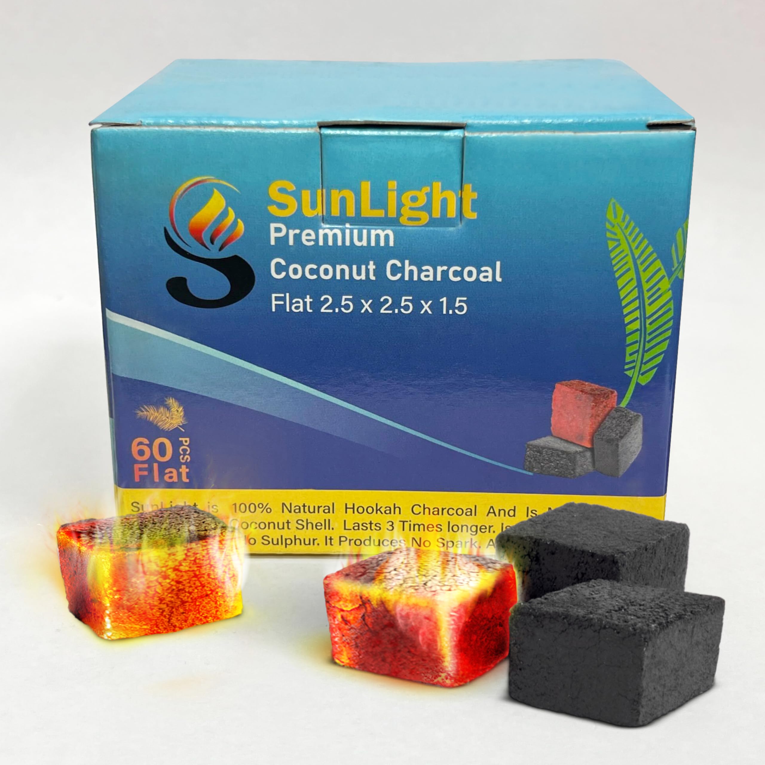 *New* Sunlight Premium Coconut Charcoal Flats- 60 Half Cubes (1.25mm)- Long Lasting Natural Coco Charcoal - Zero Ash - Low Odor - 1.25mm Flats- Long Lasting - Full Burn