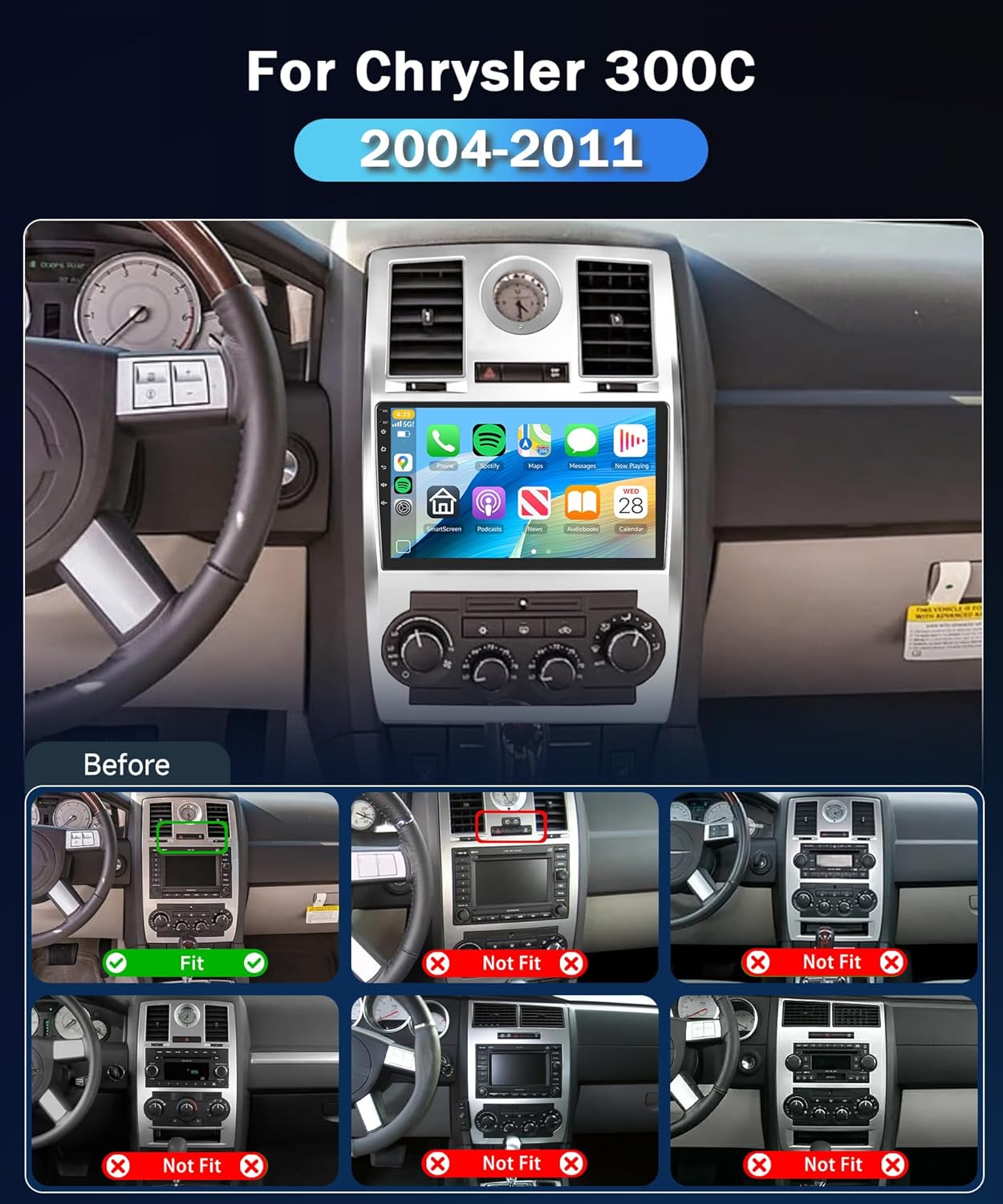 2+64G Car Radio Stereo for Chrysler 300 300C 2004-2011 with Wireless Carplay/Android Auto,Android Car Stereo 9“ Touch Screen GPS Navigation DSP WiFi Bluetooth FM/RDS Mirror Link SWC+Backup Camera