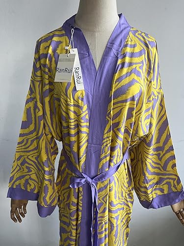 Miniatura 7 de RanRui Kimono de playa con estampado de cebra amarilla, holgado, frente abierto, bata de algodón, bata de traje de baño para mujer, bata de plumero