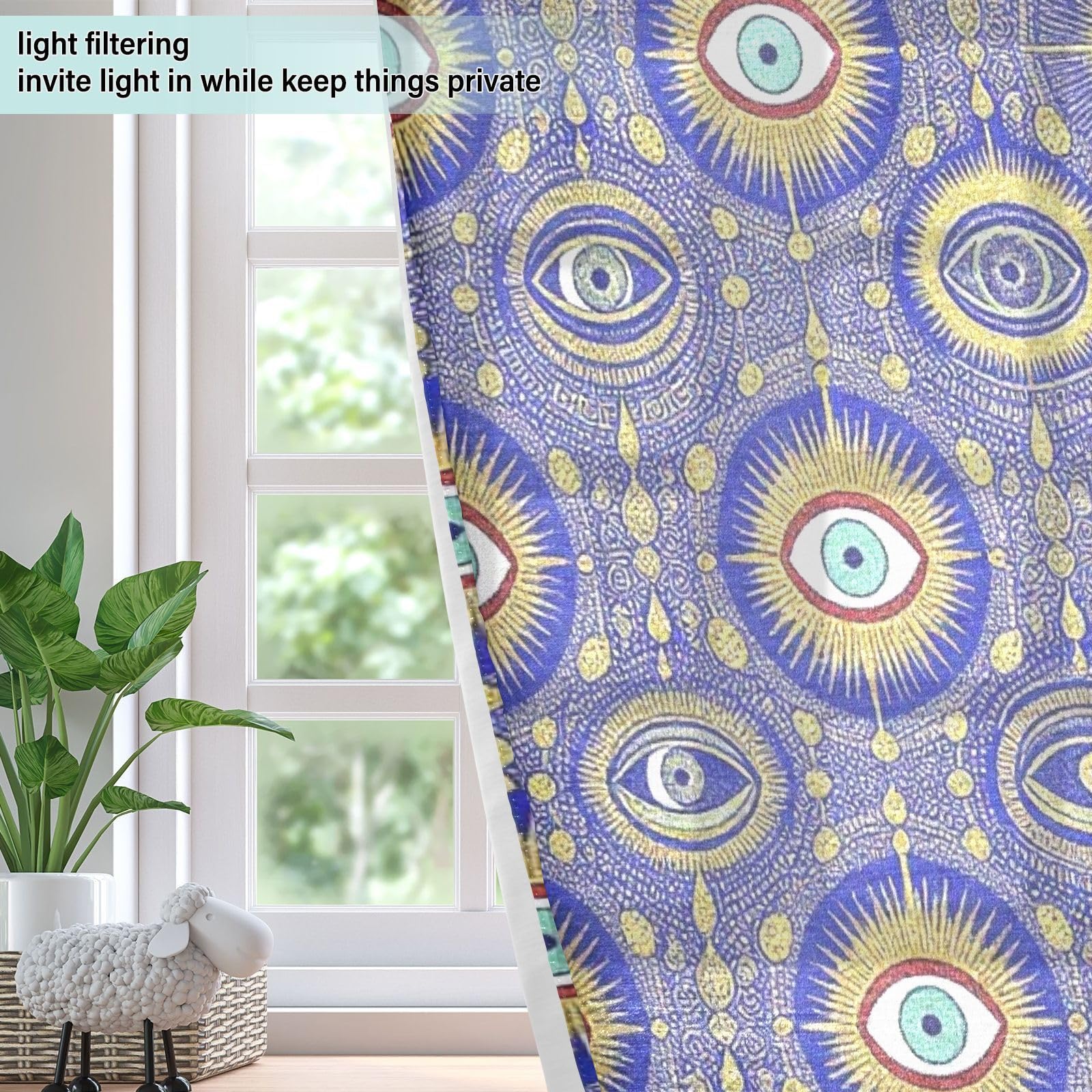 Cortinas decorativas de casa de campo para tratamientos de ventanas, cortinas opacas de ojo malvado azul y dorado, 63 pulgadas de largo, 2 paneles