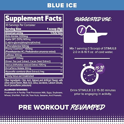 Miniatura 2 de FINAFLEX STIMUL8 2.0 Preentrenamiento, Blue Ice - Proporciona energía, concentración y fuerza - con beta-alanina, alfa GPC y cafeína - 30 porciones