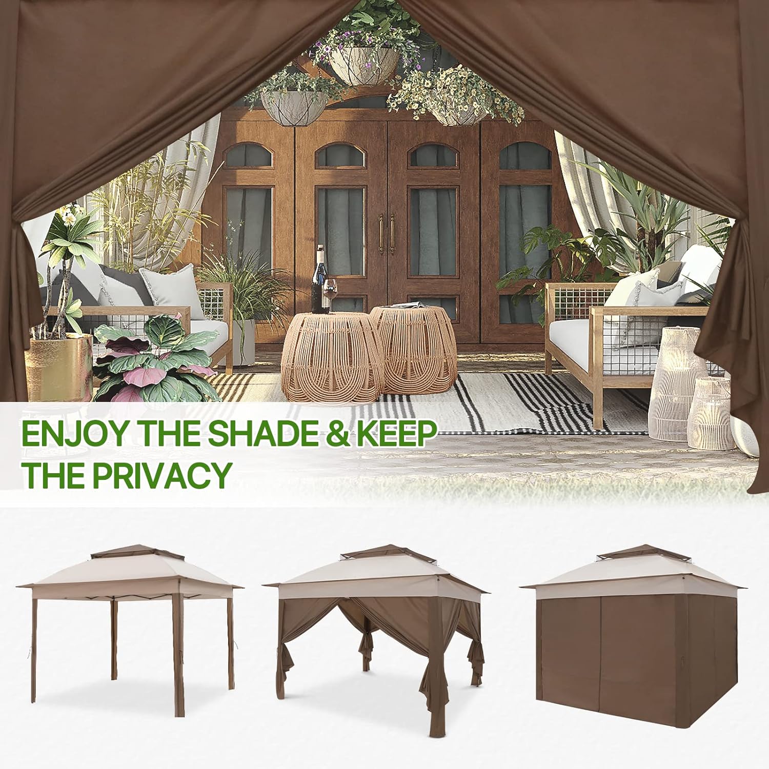 COOS BAY 11x11 Pop Up Gazebo with 4 Sidewalls, Instant Outdoor Canopy Tent with UPF 50+ UV Protection, Water Resistant Shelter with Carry Bag, Stakes & Ropes, Beige