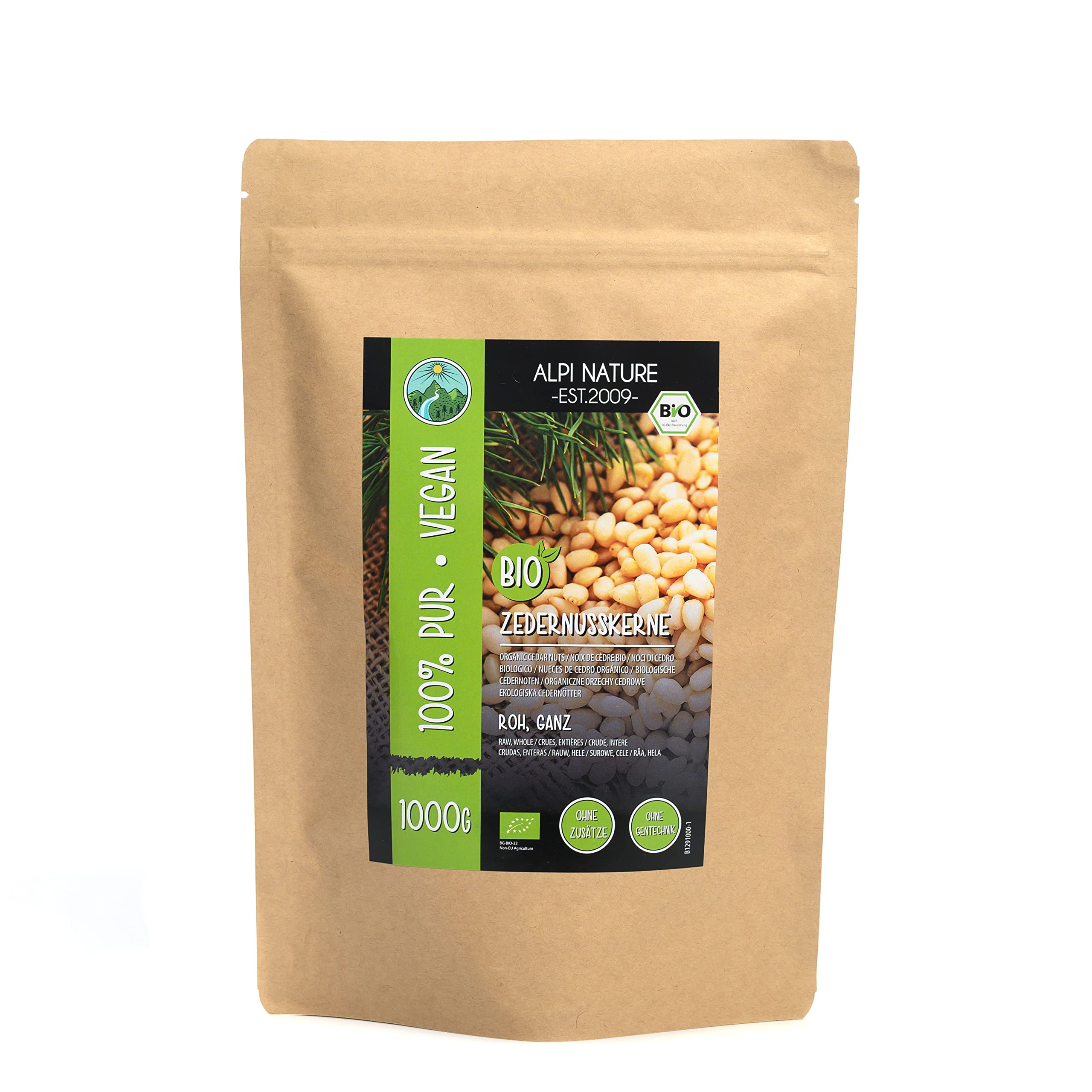 BIO Zedernkerne (1kg), Zedernnüsse geschält aus kontrolliert biologischem Anbau, laborgeprüft, Bio Zedern Kerne ganz 100% rein und naturbelassen