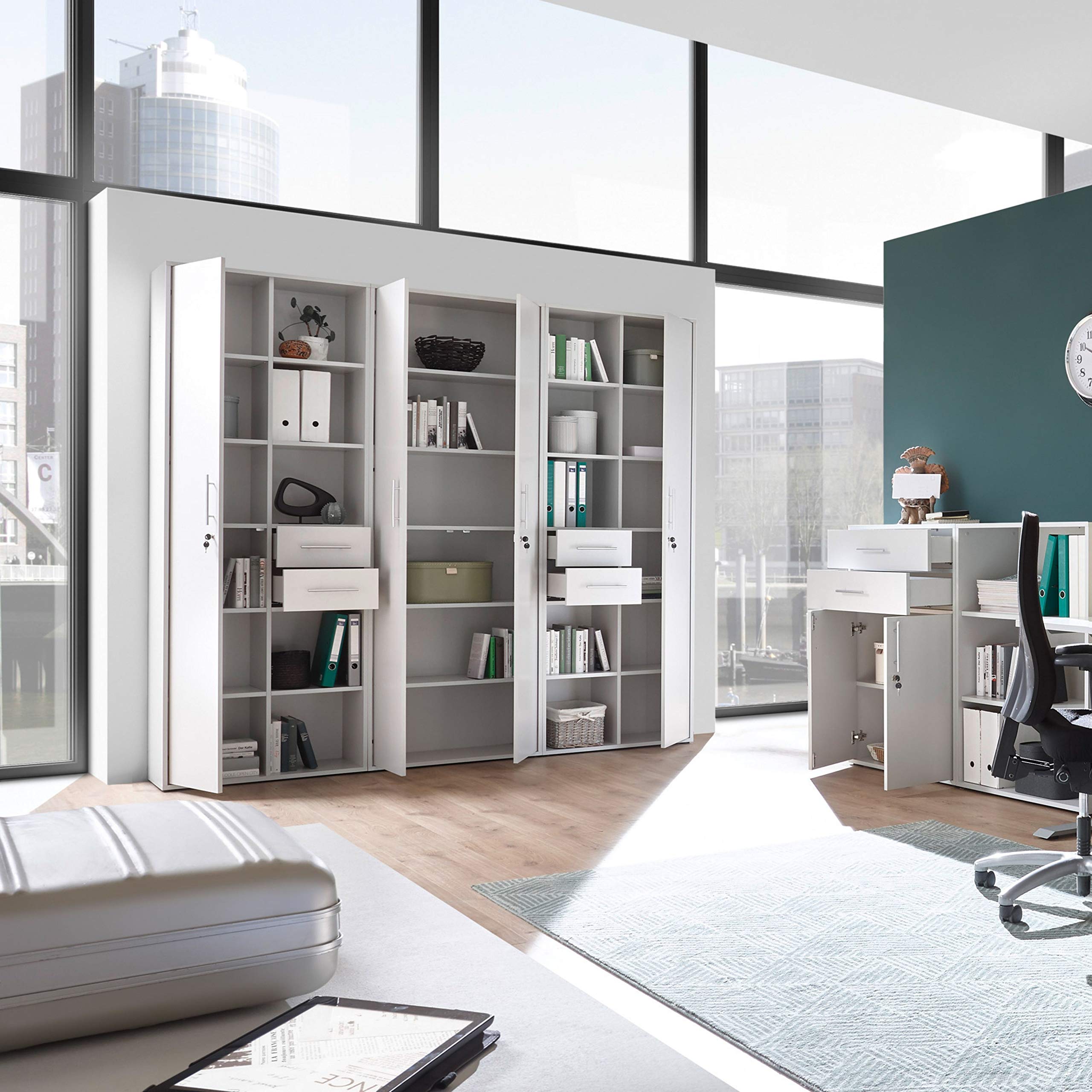 Stella Trading Pronto Étagère à dossiers verrouillable, Gris Clair - Étagère sur Pied avec Compartiments et tiroirs - Ensemble Complet de mobilier de Bureau Moderne - 80 x 216 x 35 cm (L/H/P)