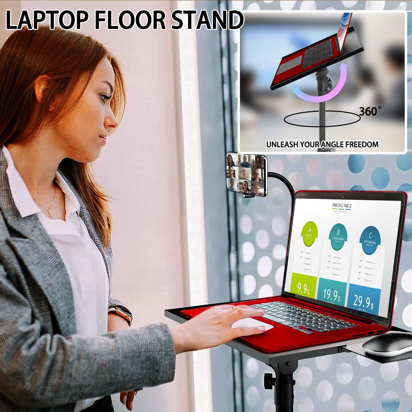 GlobalCrown Supporto Proiettore da Terra Regolabile in altezza (66-160 cm),Treppiede per Proiettore portatile Laptop con Vassoio per mouse e supporto per Telefono,Treppiede rotante con ruote