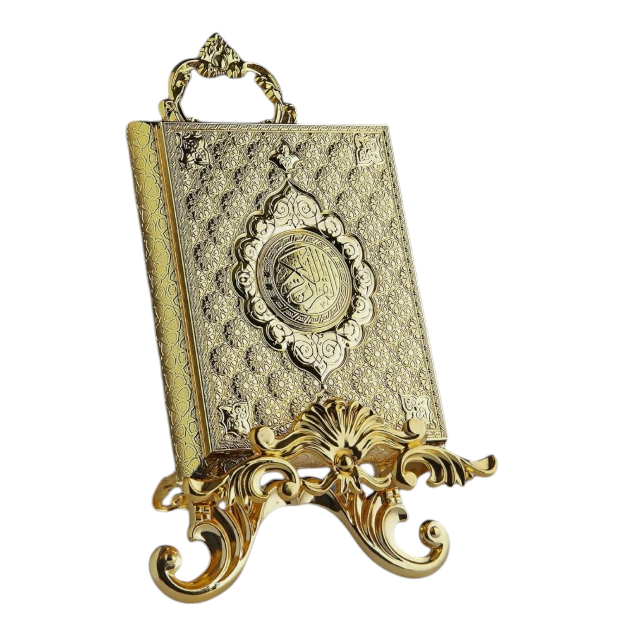 LaModaHome Islamic Book Rehal Stand, Home Decoration to Display the Quran with Elegance, Metal Holder for Reading Studying, Special Events, Ramadan, Religious Holidays - Gold