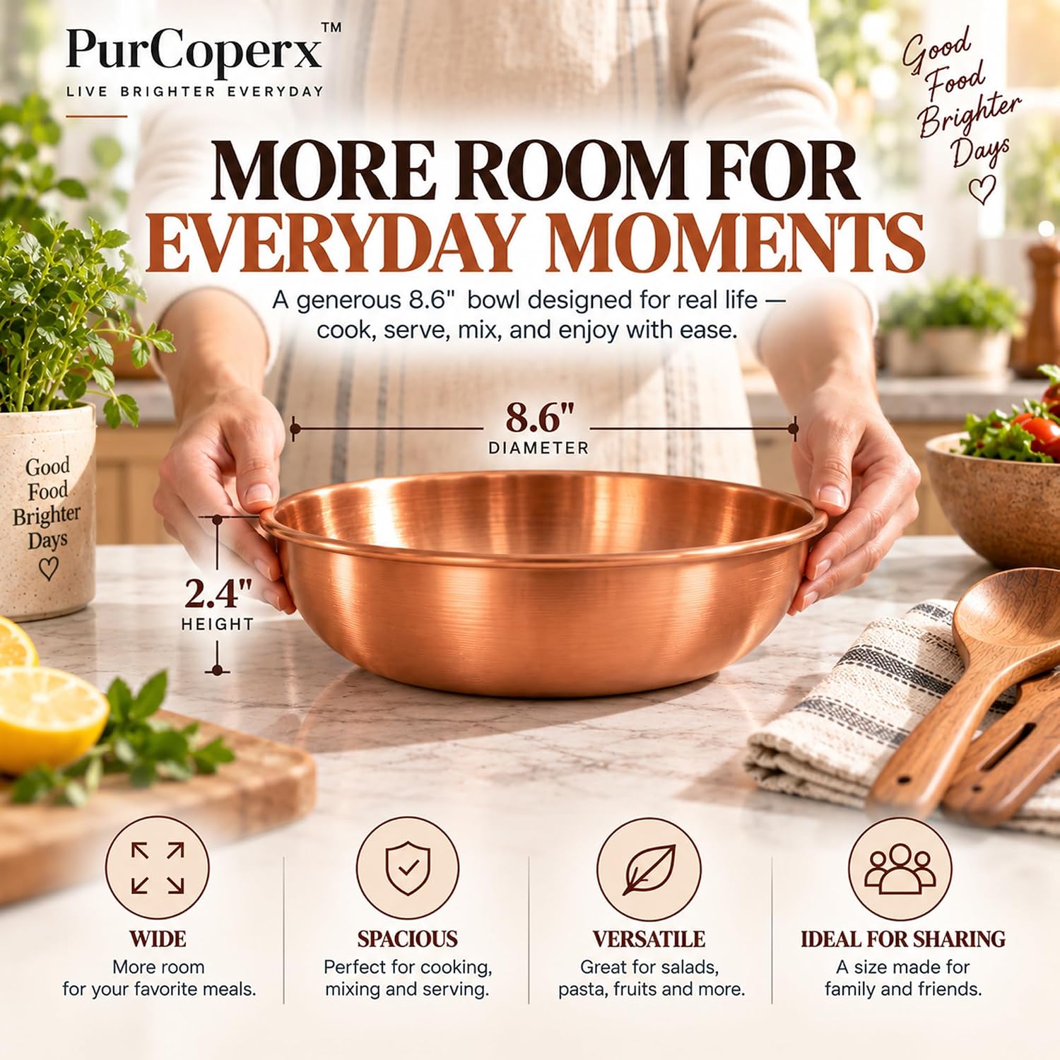 Extra Large 8.66 Inch Round Solid Copper Bowl, Hand Forged Pure Copper Mixing Bowl, Suitable for Decorating, Mixing Salads and Eggs with Pure Copper Bowl (2)