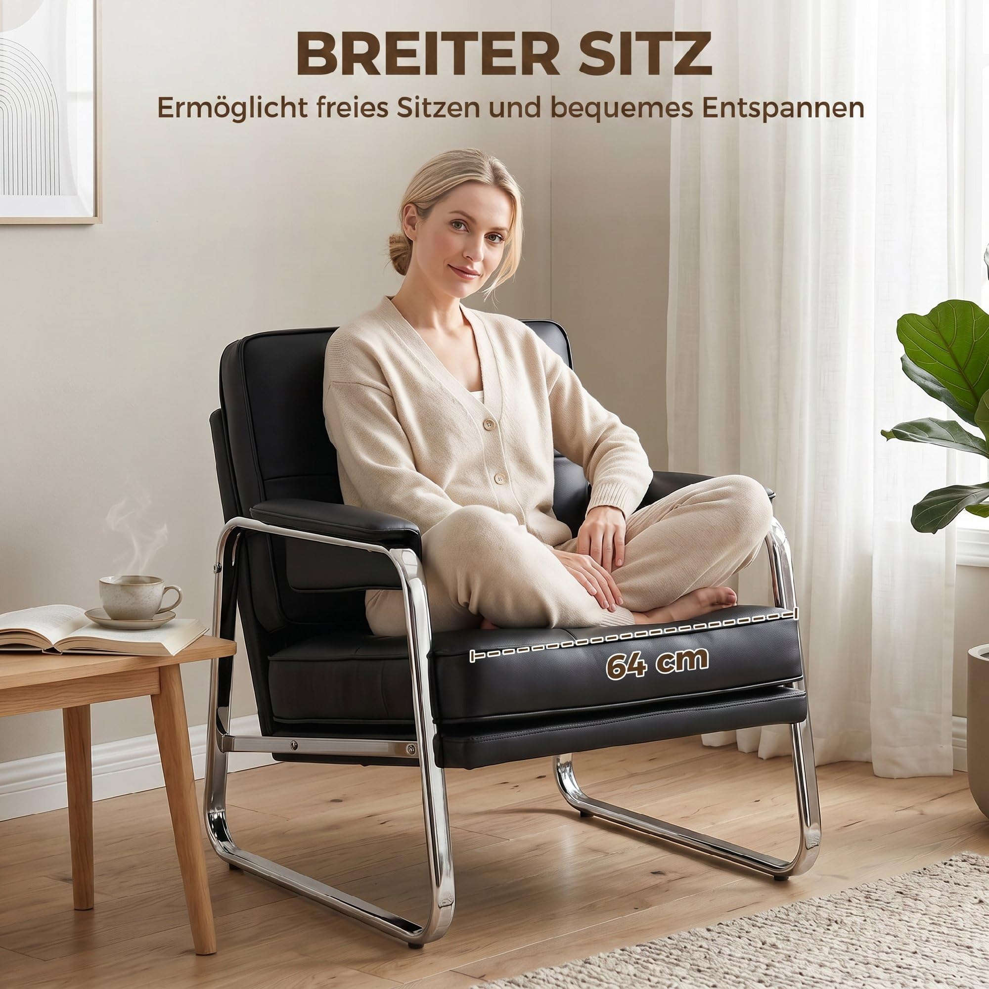 HOMCOM Sessel Loungesessel mit breiter Sitz, Armlehnen, Polstersessel mit Stahlbeinen, Knopfheftung, Dicker Polsterung Relaxsessel aus Kunstleder für Wohnzimmer, Schlafzimmer, Schwarz