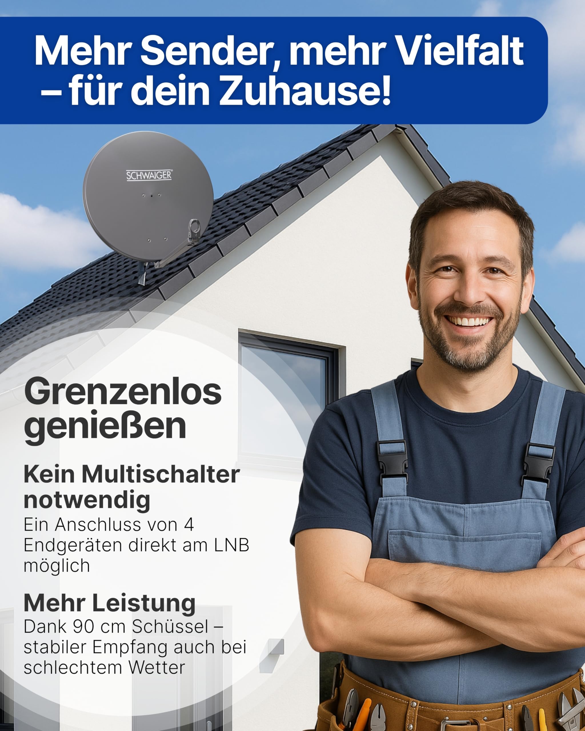 SCHWAIGER Satellitenschüssel Komplettset Ø 88 cm Aluminium Offset Antenne Anthrazit Quad LNB 4-Fach Digital HD 4K Empfang wetterfest