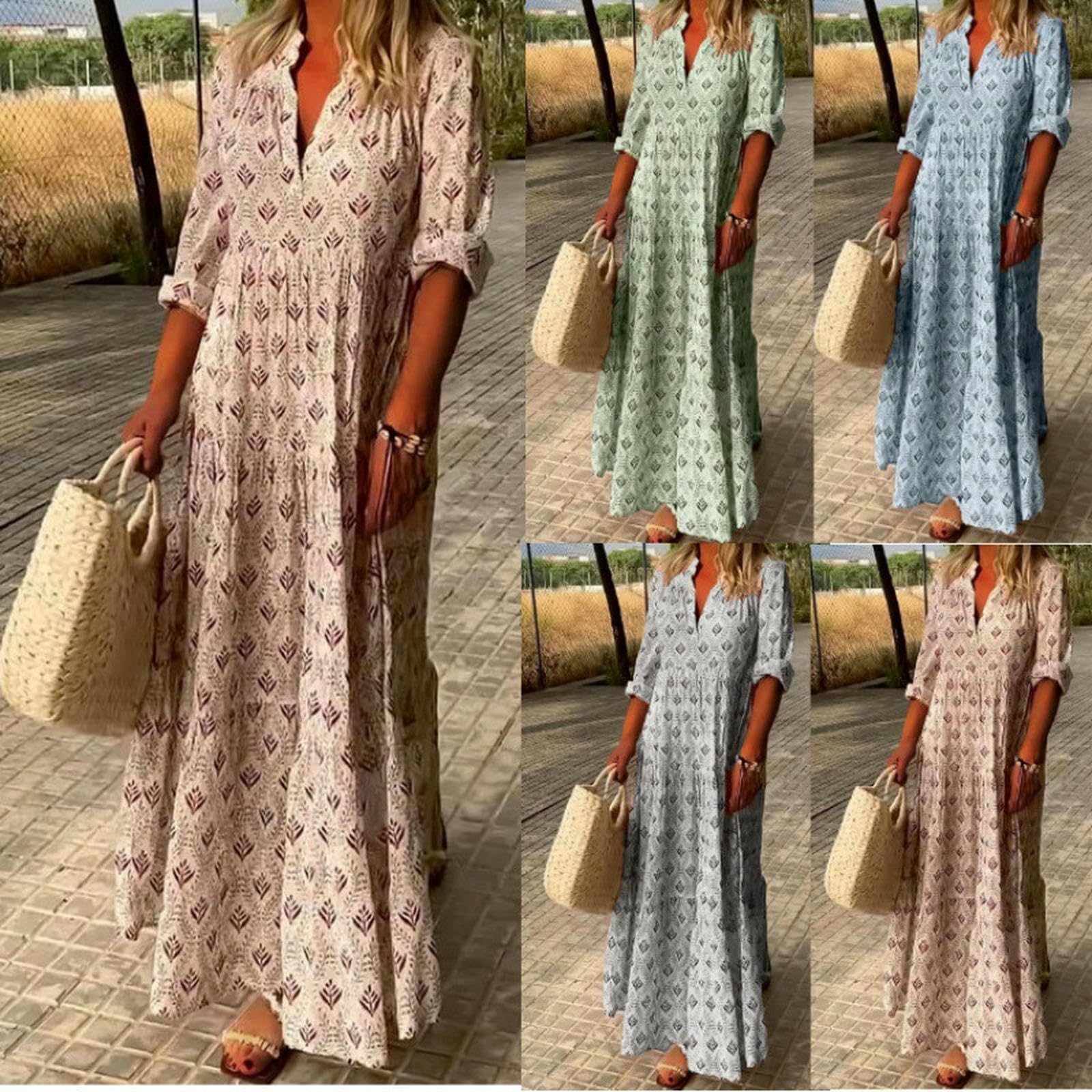 Damska letnia sukienka damska V Warstwa Długi rękaw Vintage Plus Size Luźna-Niebieski-l