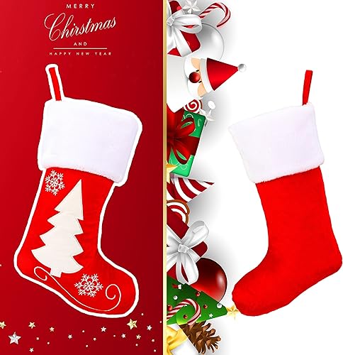 Miniatura 4 de Hopearl Juego de medias de Navidad de terciopelo rojo de 19 pulgadas, 4 piezas, calcetines de Navidad, renos, copos de nieve, soportes para