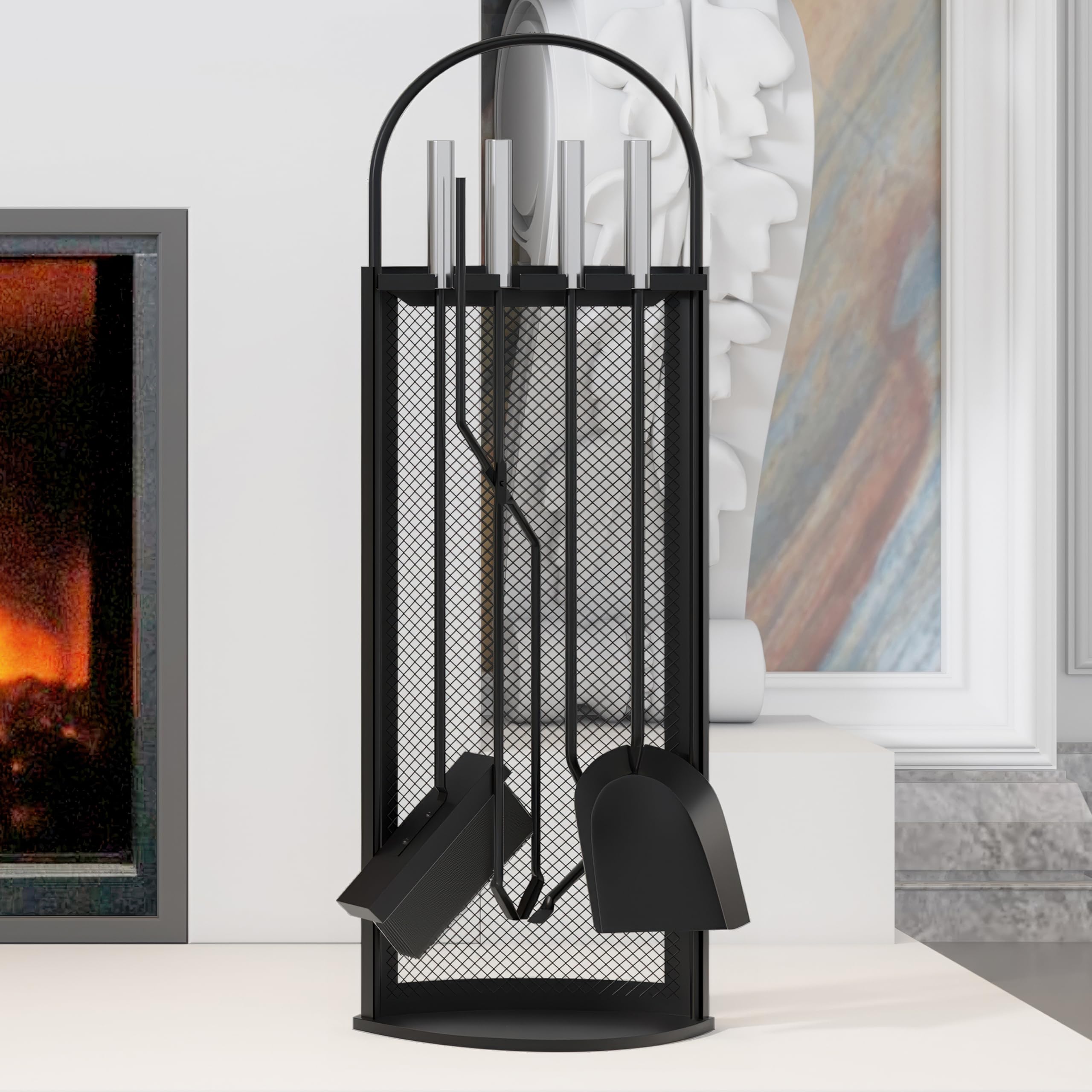 Kingson Set da Camino in 5 Pezzi con Manici in Acciaio INOX 22x16x67cm, Elegante e Resistente Kit di Accessori per Camino Nero