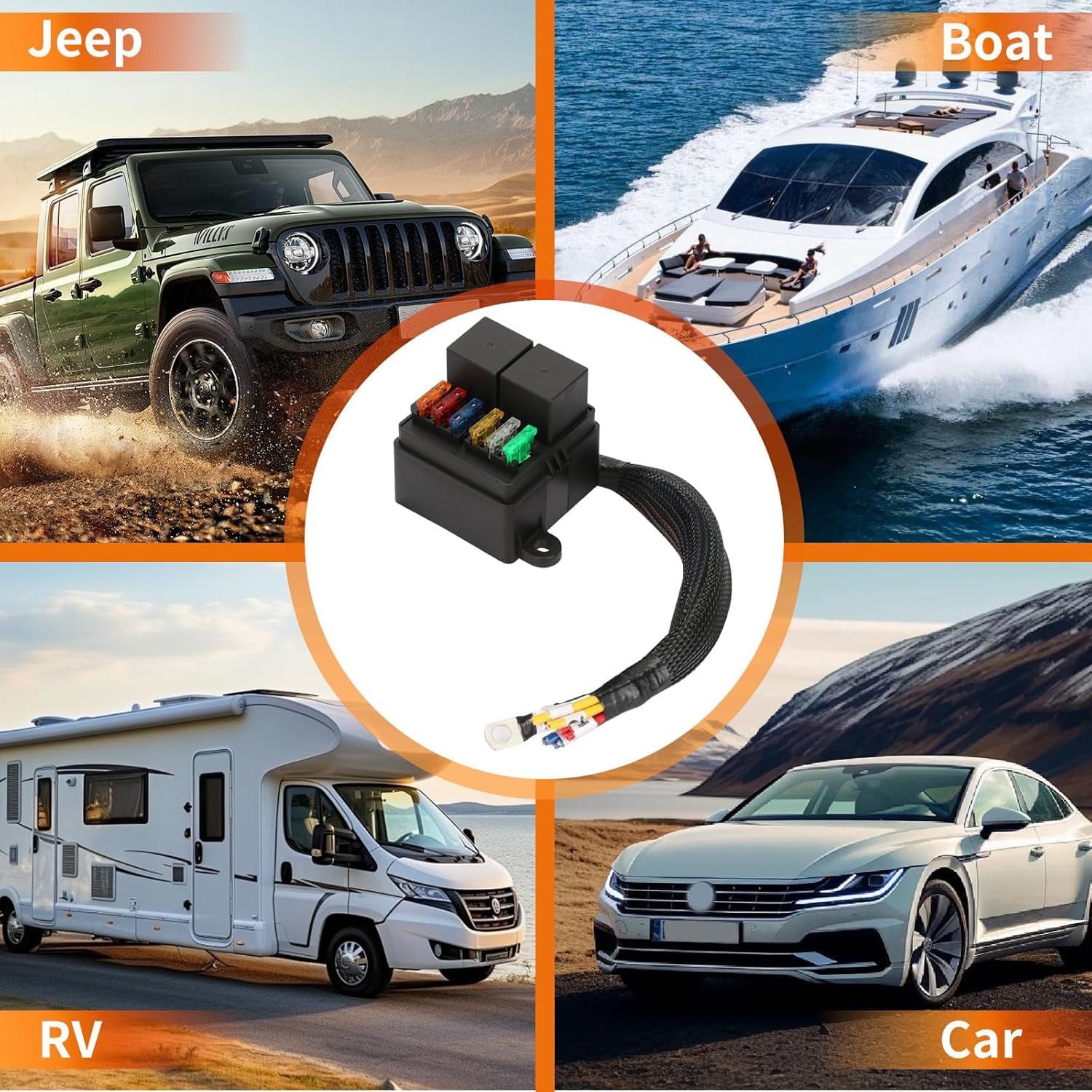 Greluma Scatola relè fusibile precablata con 2 relè DC12V 4 pin 80A e 6 fusibili ATC ATO, blocco fusibile universale impermeabile per auto, camion, barca, camper e veicoli marini.