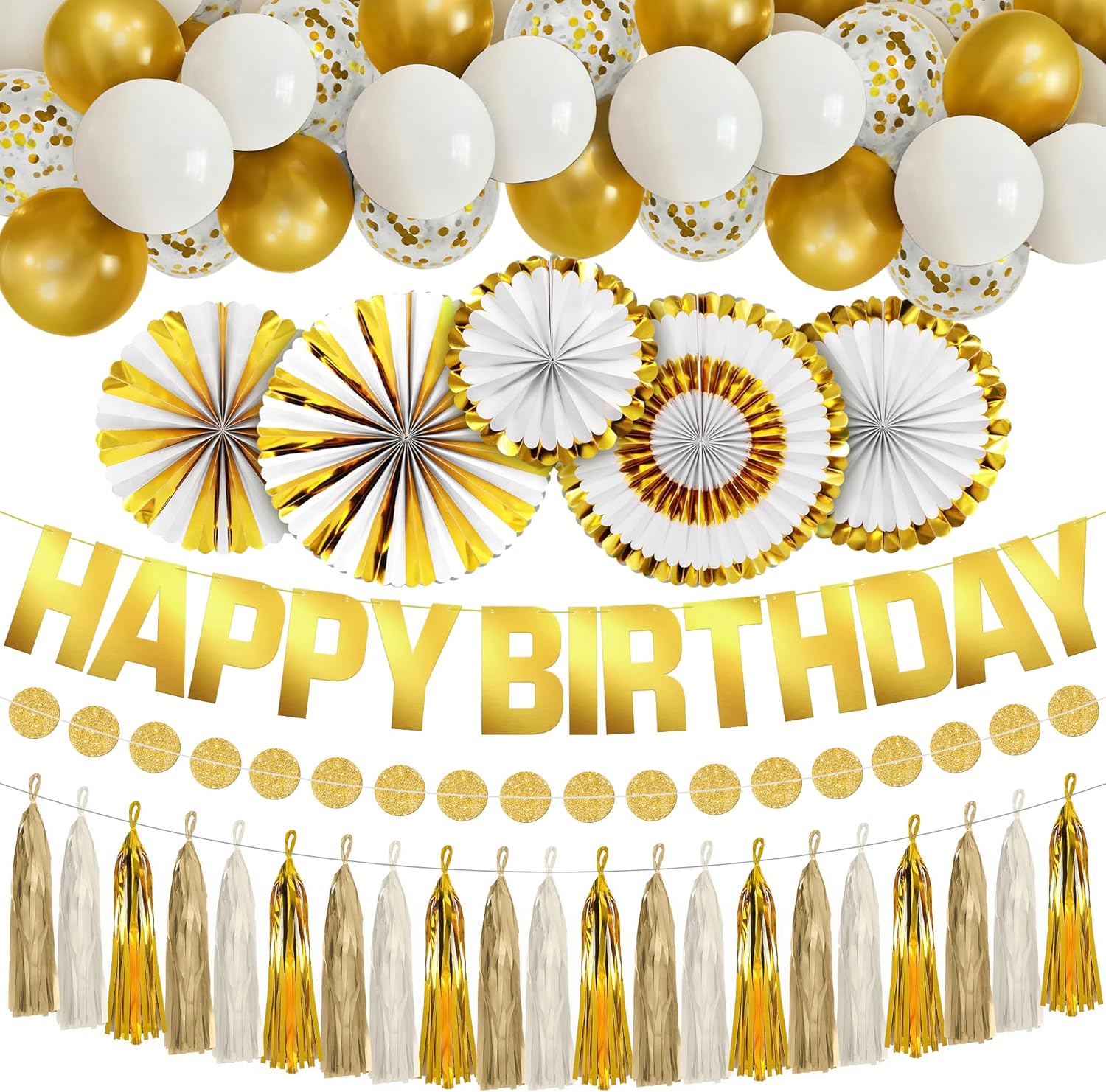 KatchOn Gold Birthday Decorations Set - Pack of 31 | Happy Birthday Banner, Dot Garland, Confetti Balloons, Paper Tassel Garland, Party Decorations
