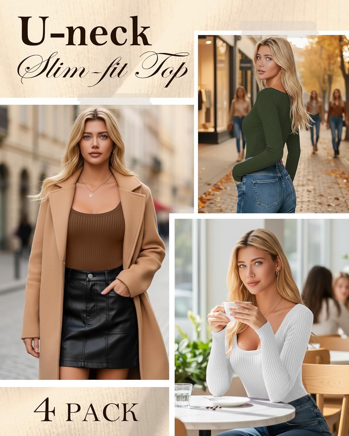 4 Pack Women's Long Sleeve Shirts Scoop Neck Ribbed Knit Tops Casual Slim Fitted Cotton Tees Fall Basic T Shirts - Image 2