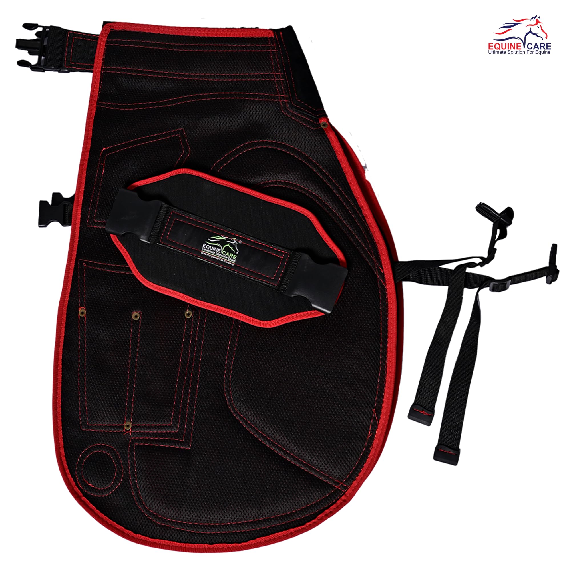 Equine Care Delantal Farrier - 23 Pulgadas y 25 Pulgadas - Piel de Ante y Lona - 4 Bolsillos, 2 imanes - Corte de Herradura y pezuña - Rojo/Negro, 23 Pulgadas (59 cm) de Longitud.