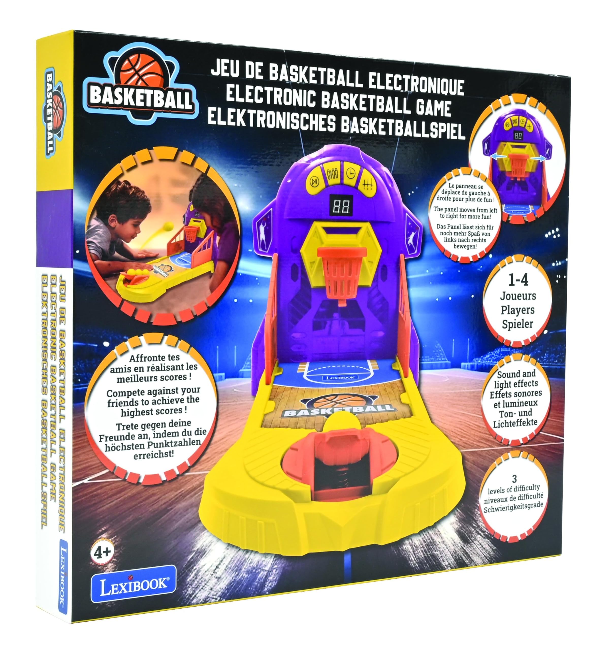 Lexibook, Elektronisches Basketballspiel, Ton- und Lichteffekte, Bewegliches Spielfeld, 3 Schwierigkeitsstufen, 1 bis 4 Spieler, Lila/Gelb, JG910