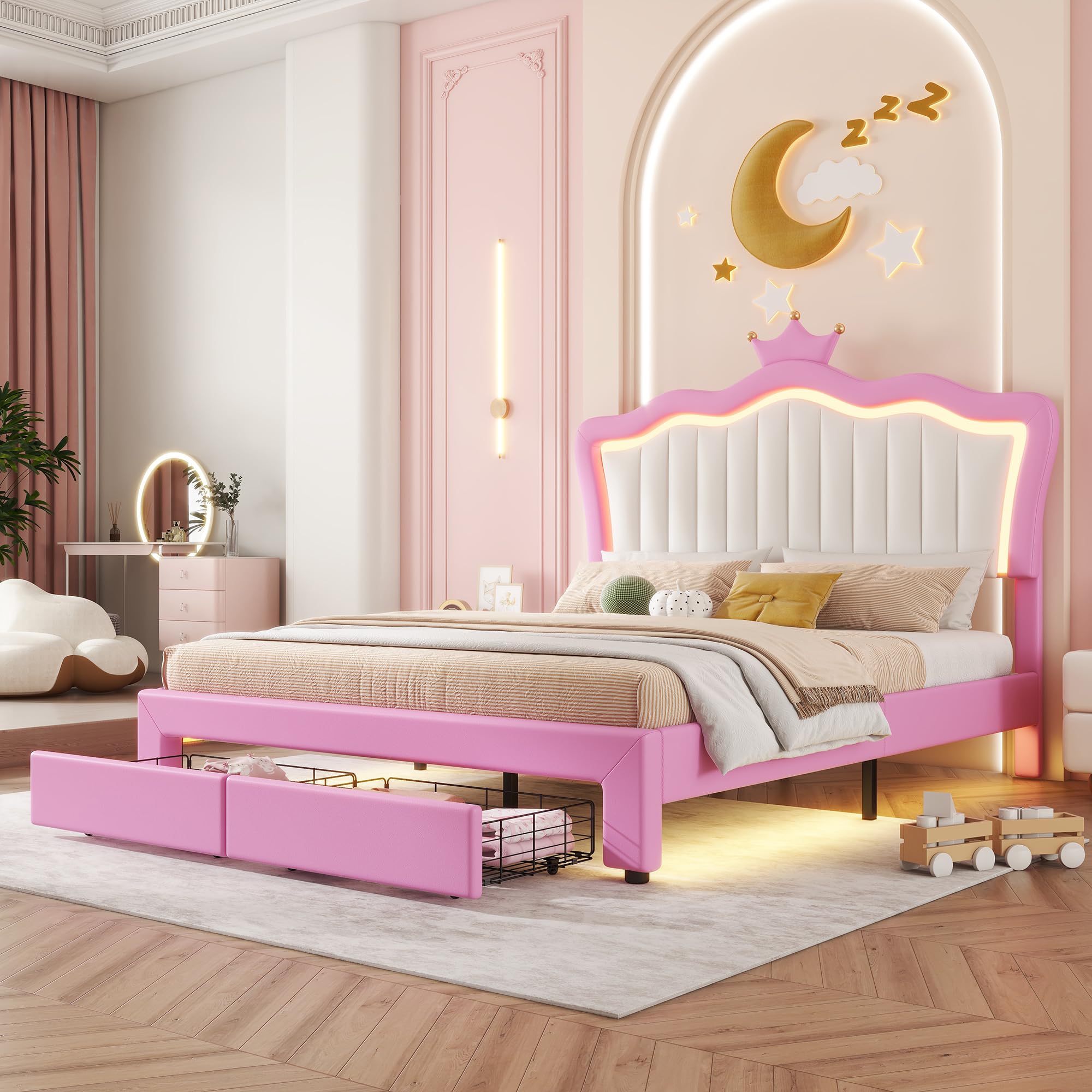 Ball & Cast Full Size Upholstered Platform Bed with LED Lights,Princess Bed with Crown Headboard and 2 Drawers,No-Noise Design,for Bedroom Apartmrnt Guest Room,Pink+White