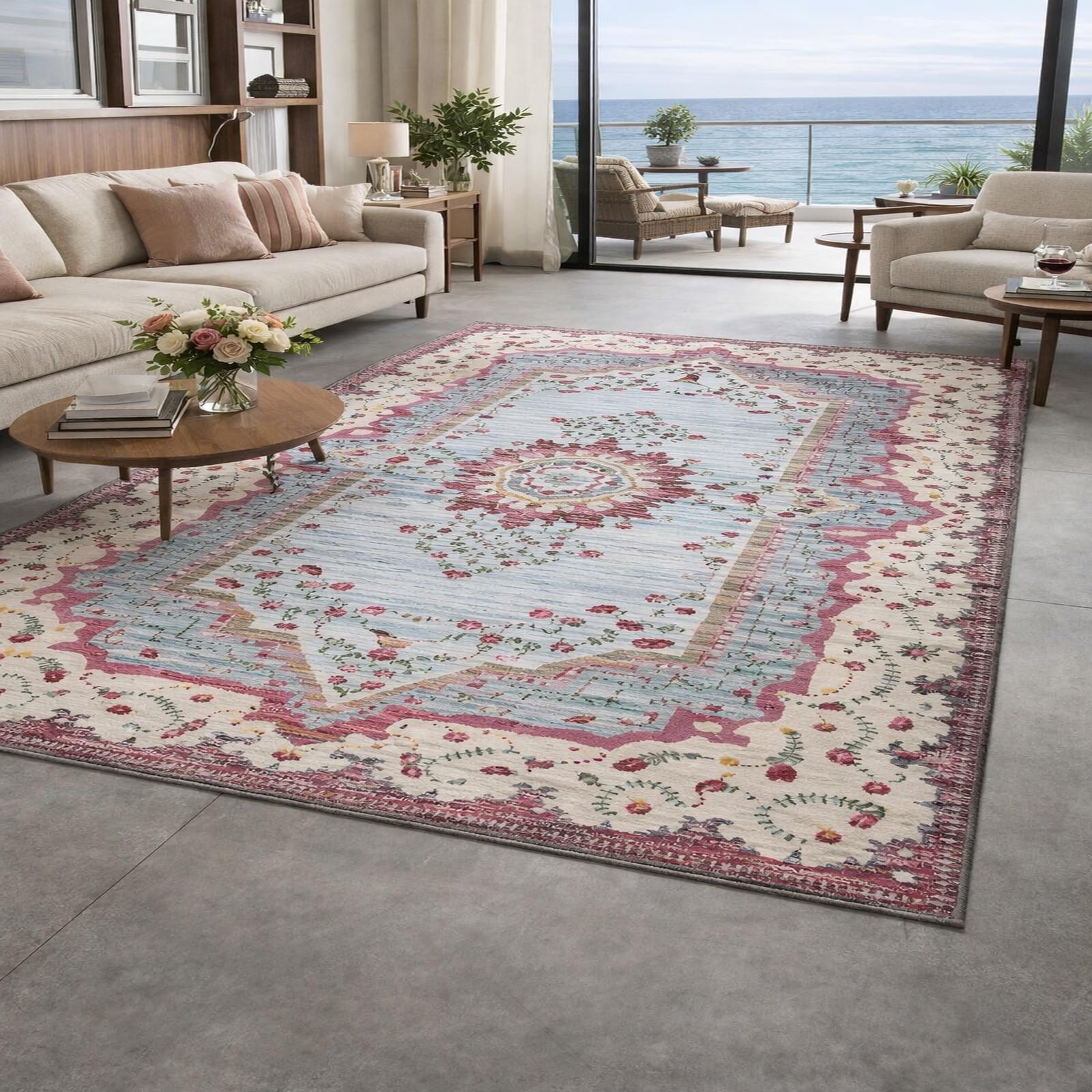 Tapis de zone floral rouge et rose pour illuminer un salon moderne