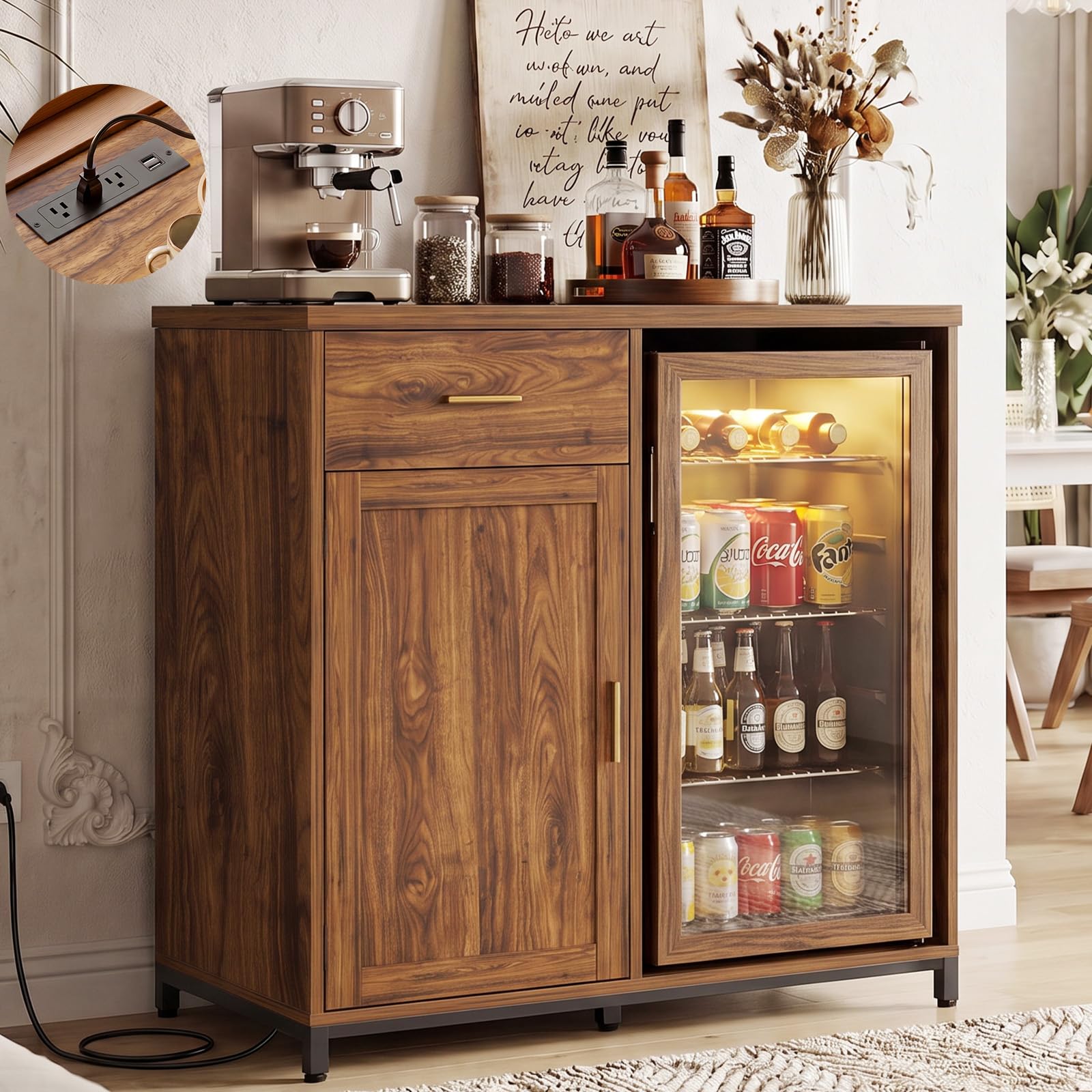 Unikito Coffee Bar Cabinet with Mini Fridge Space &amp; Power Outlet, Walnut