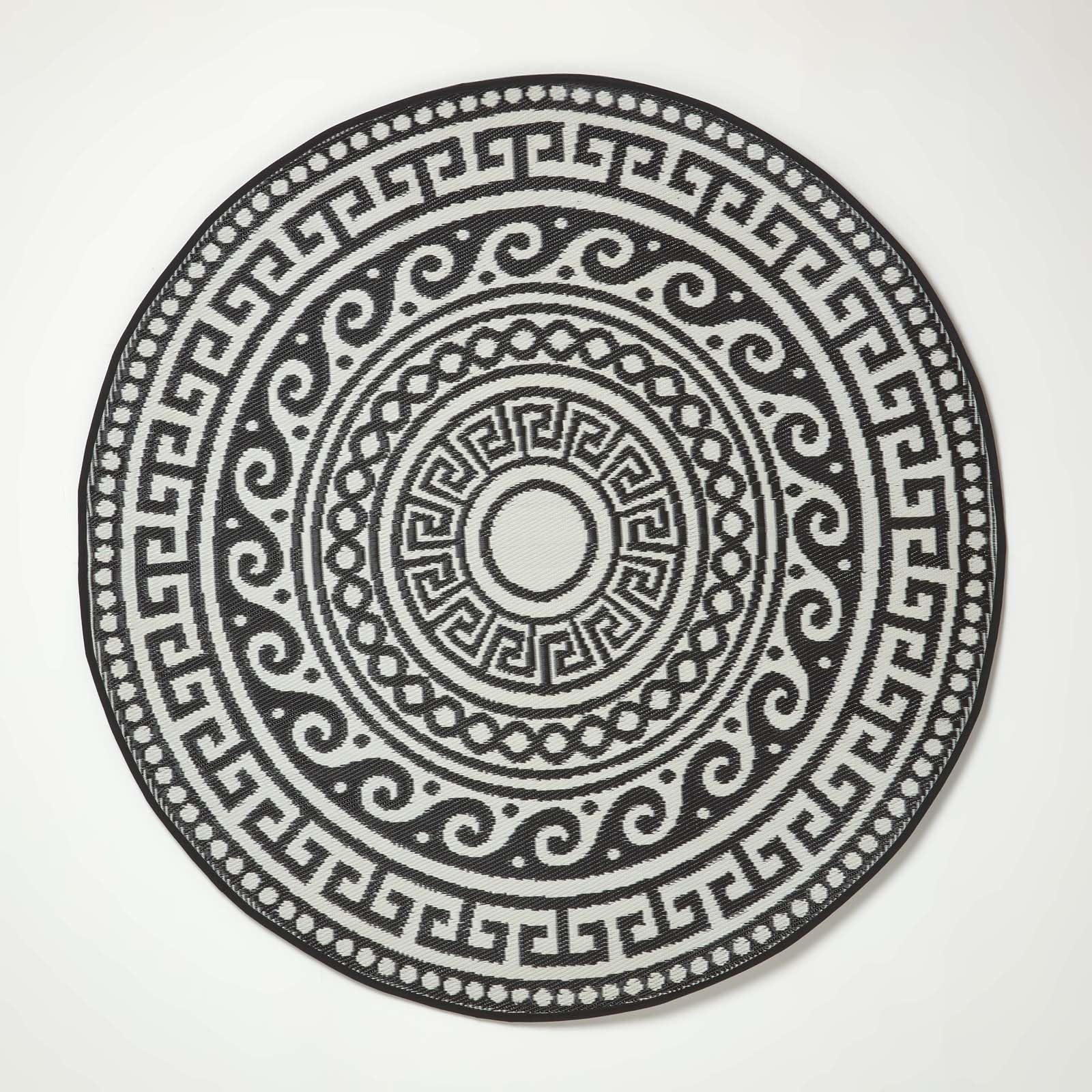 HOMESCAPES Luxury Round Outdoor Rug, Reversible & Seamless, Garden Rug for Patios Waterproof - 100% Recycled Plastic - Picnic Camping Backyard White & Black Indoor/Outside Carpet Mat, 180cm Circle