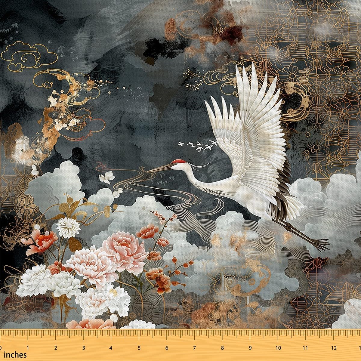 Erosebridal White Crane Upholstery Fabric by The Yard，Flowers Clouds Ink Painting Chinese Decorative Fabric for Quilting Sewing，Golden Ripples Decor for Upholstery and Home Accents，2 Yards