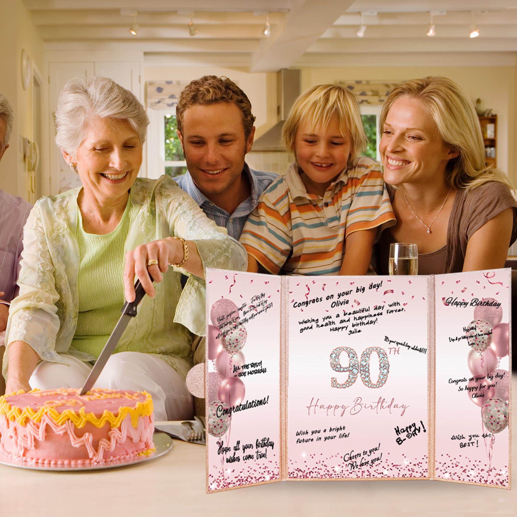 DARUNAXY Decoraciones de fiesta de cumpleaños 90 de oro rosa, libro de invitados alternativo de feliz 90 cumpleaños para mujeres, regalos de felicitación rosa a 90 años, suministros de fiesta
