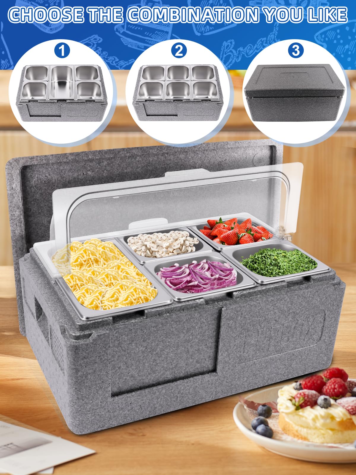 Kalolary Recipiente para ingredientes de acero inoxidable, 7 cuencos, para ensalada, estación de bufé, para platos fríos, con acumuladores de frío y tapas, juego de recipientes de bufé, bandeja para