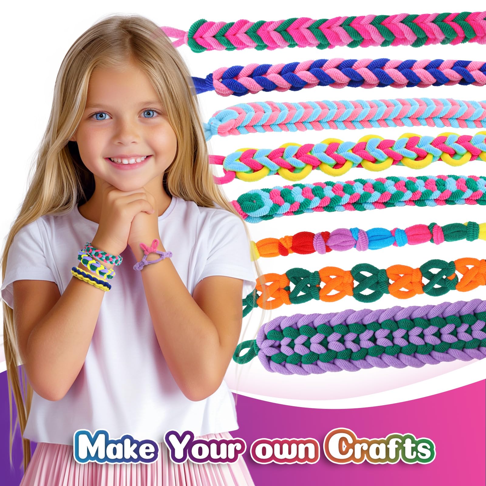 DDAI Juguetes para hacer pulseras, bandas elásticas de tela, kit de arte y manualidades para niños, kit de pulseras de telar tejidas, más de 1000 lazos de tela coloridos, regalo de cumpleaños para