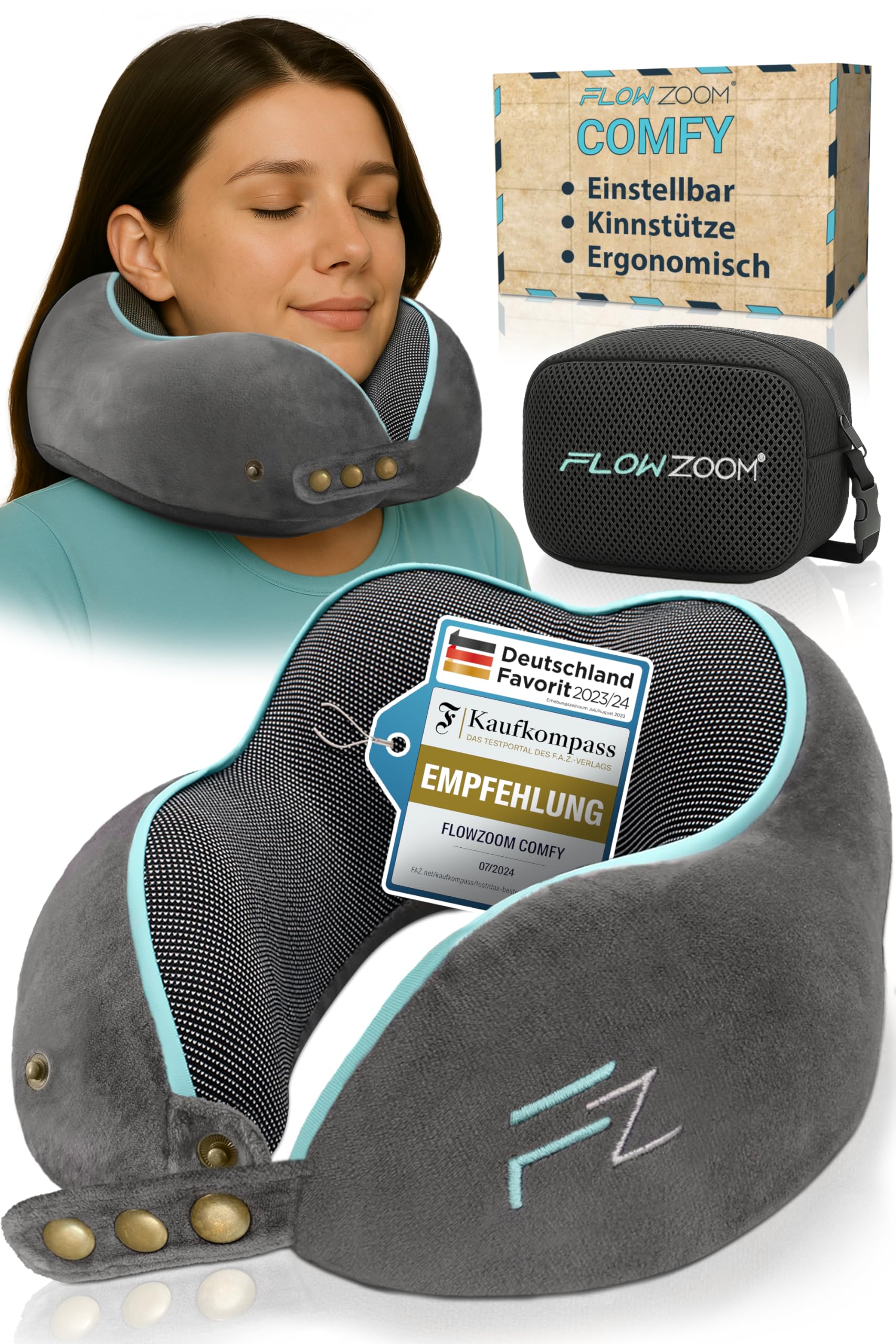 FLOWZOOM Comfy Nackenkissen Flugzeug & Auto - Einstellbares Memory Foam Reisekissen mit flexiblen Druckknöpfen für 360° Stütze, atmungsaktiver weicher Bezug - inkl. Transportbeutel - Grau
