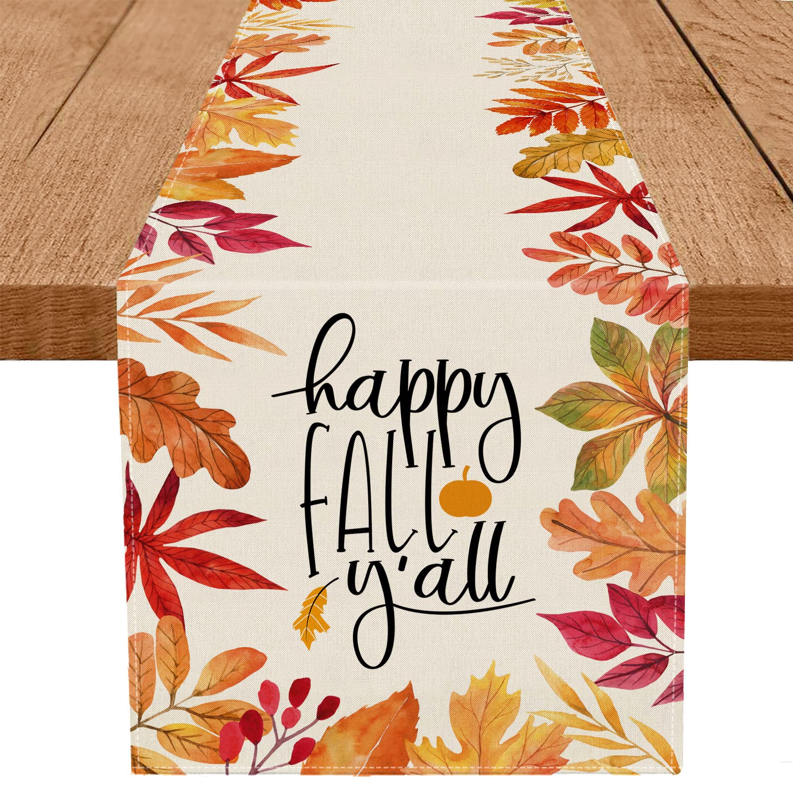 Fall Table Runner Maple Leaf Happy Fall Y'all Seasonal Autumn Harvest Farmhouse Kitchen Dining Decorations for Home Party Decor 13 x 72 Inch