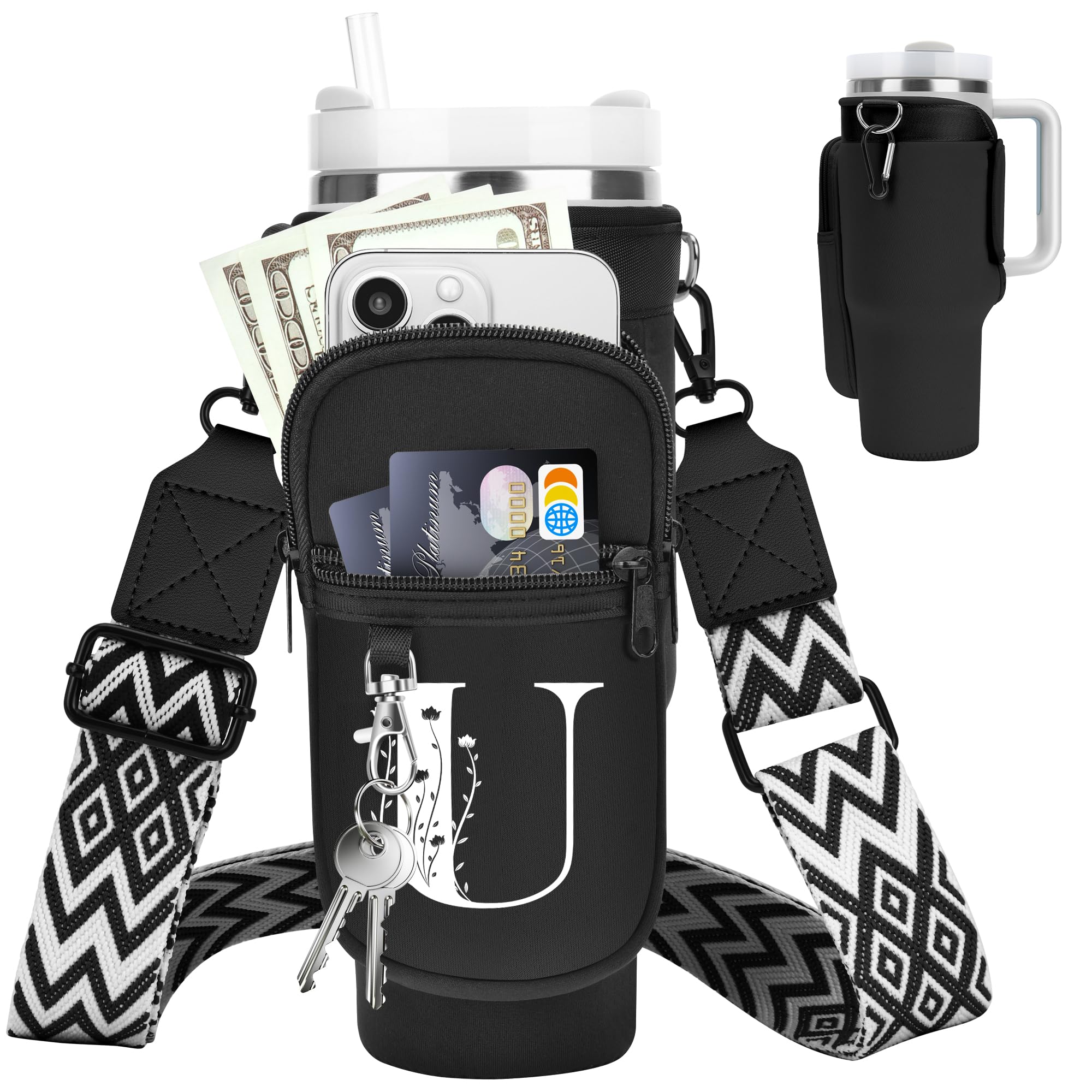 Initial Water Bottle Holder with Strap for Stanley Cup 40 oz Tumbler