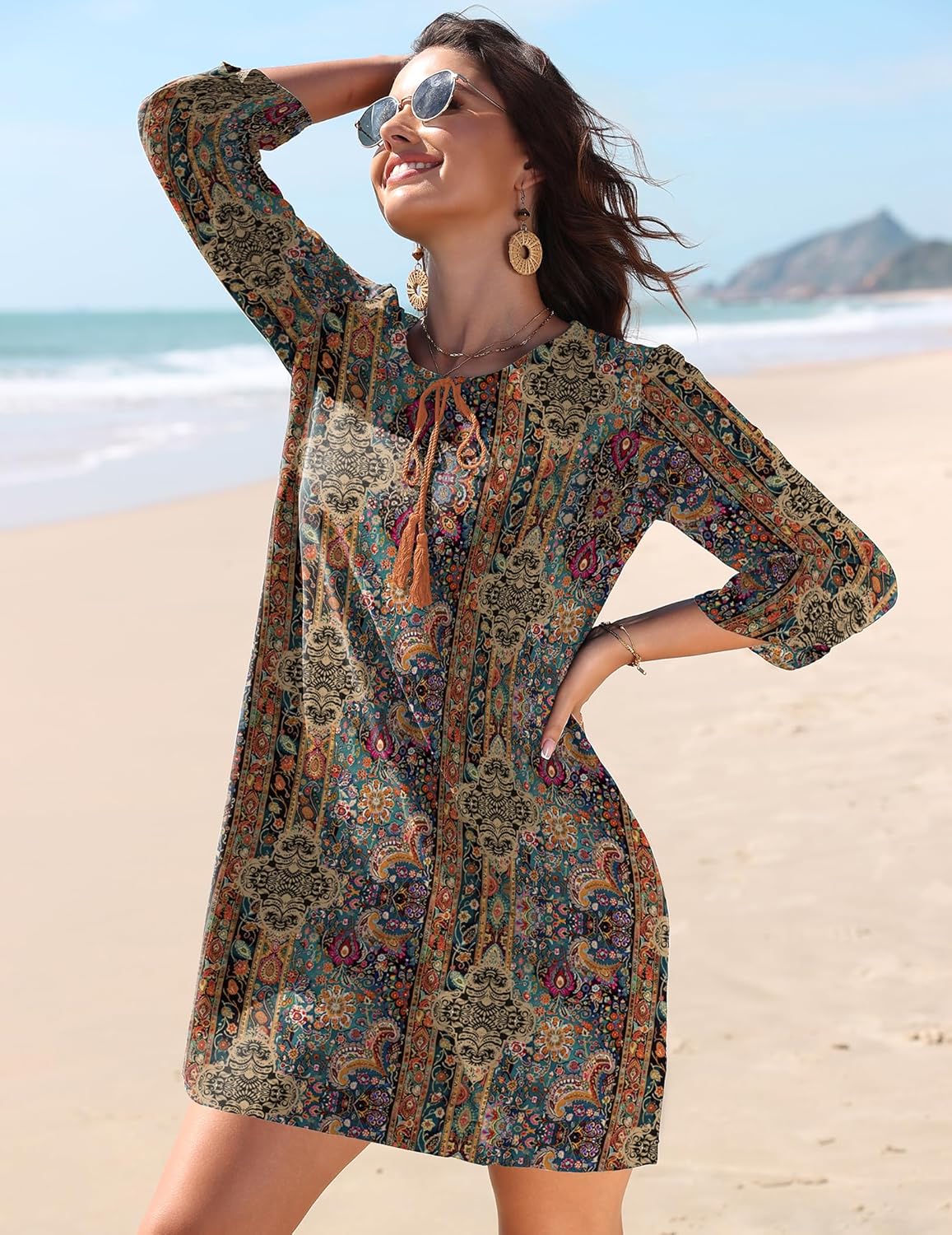 HOTOUCH Women Casual Beach Summer Dress Boho V Neck 3/4 Long Sleeve Short Floral Print Flowy Swimsuit Cover Up Sundress - Image 3