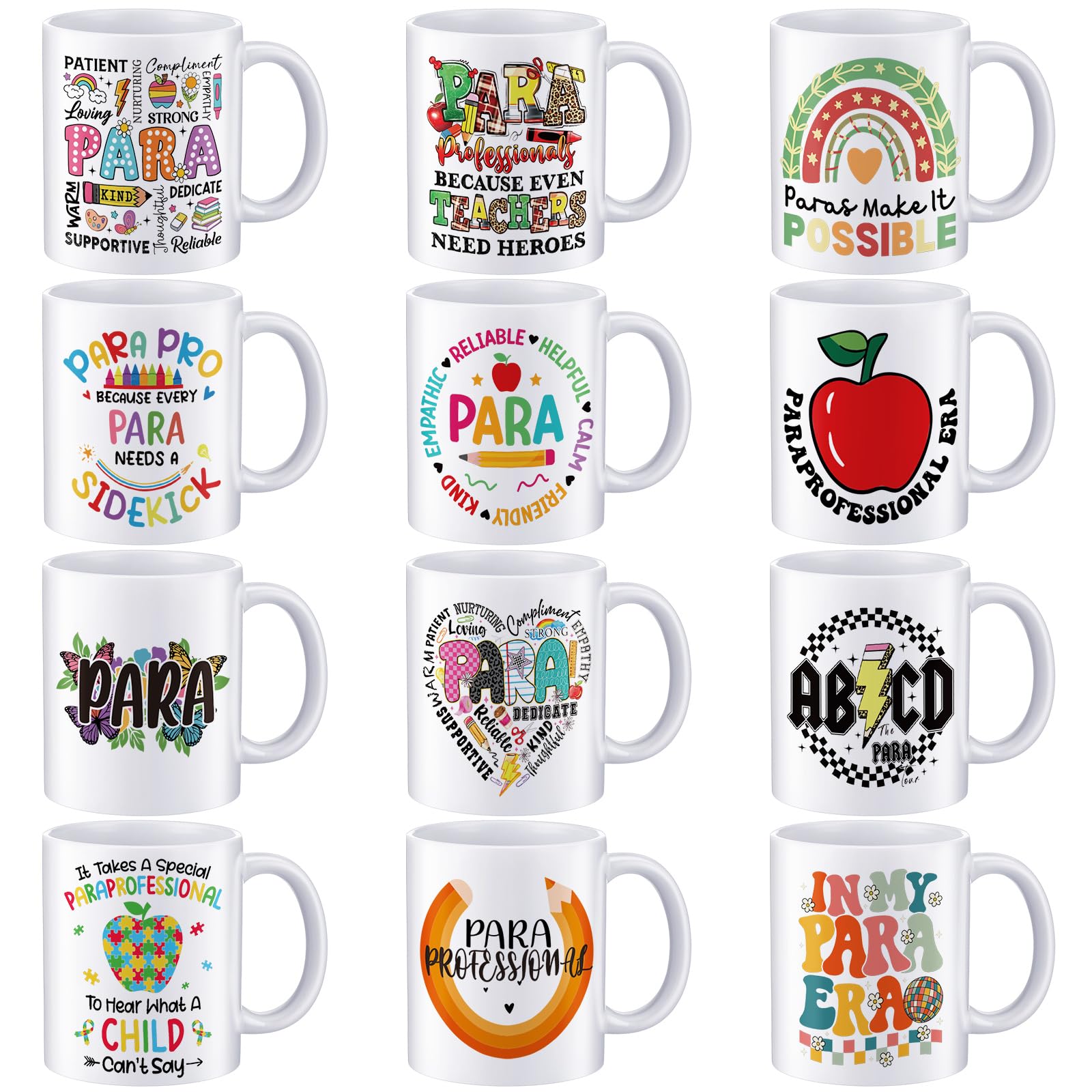 Didaey 12 Pcs Teacher Gifts Mugs Bulk, End of Year Gift for Teacher Para Paraprofessional Mug 12 oz Coffee Mugs Thank You for Grad Paraeducators, Staff