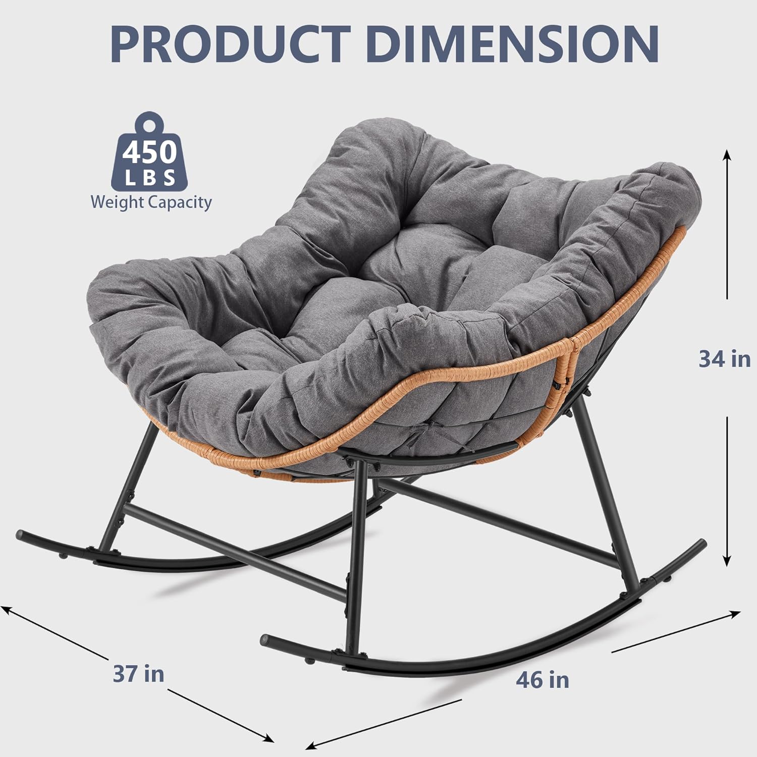 Outdoor Rocking Chair, Oversized Papasan Reading Chair Indoor with Thick Cushion, Comfy Rattan Rocker Egg Chair for Patio, Garden, Balcony, Lawn, Backyard, Bedroom, up to 450lbs, Dark Gray