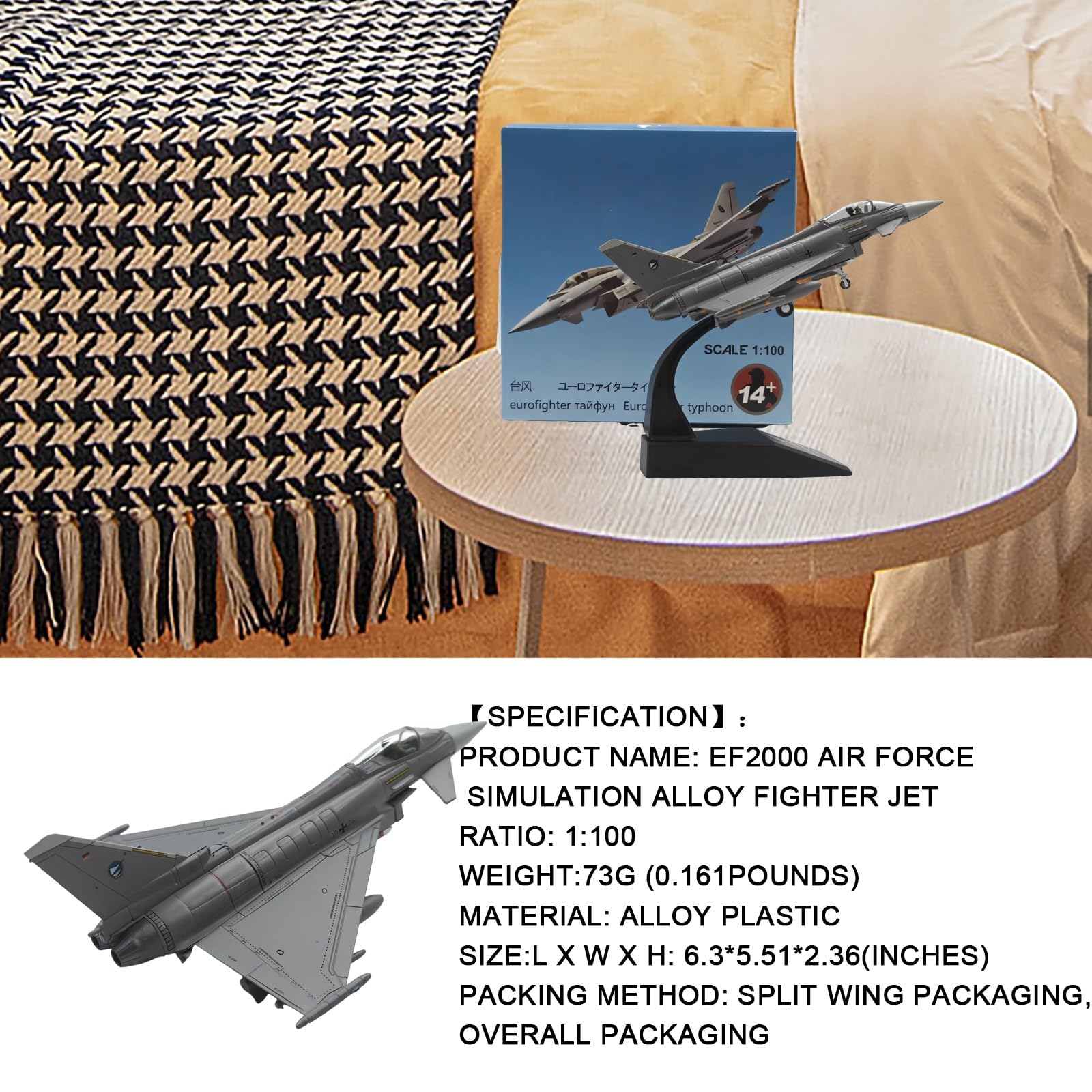 Model samolotu odlewanego ciśnieniowo niemiecki symulowany stop metalu Eurofighter Typhoon EF2000 skala 1/100 z ekspozytorem, akcesoria kolekcjonerskie, pamiątka do dekoracji