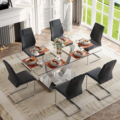 Miniatura 80 de Juego de mesa de comedor para 4, 63 pulgadas, juego de mesa de comedor de vidrio templado negro para 4 personas con sillas de poliuretano, moderno