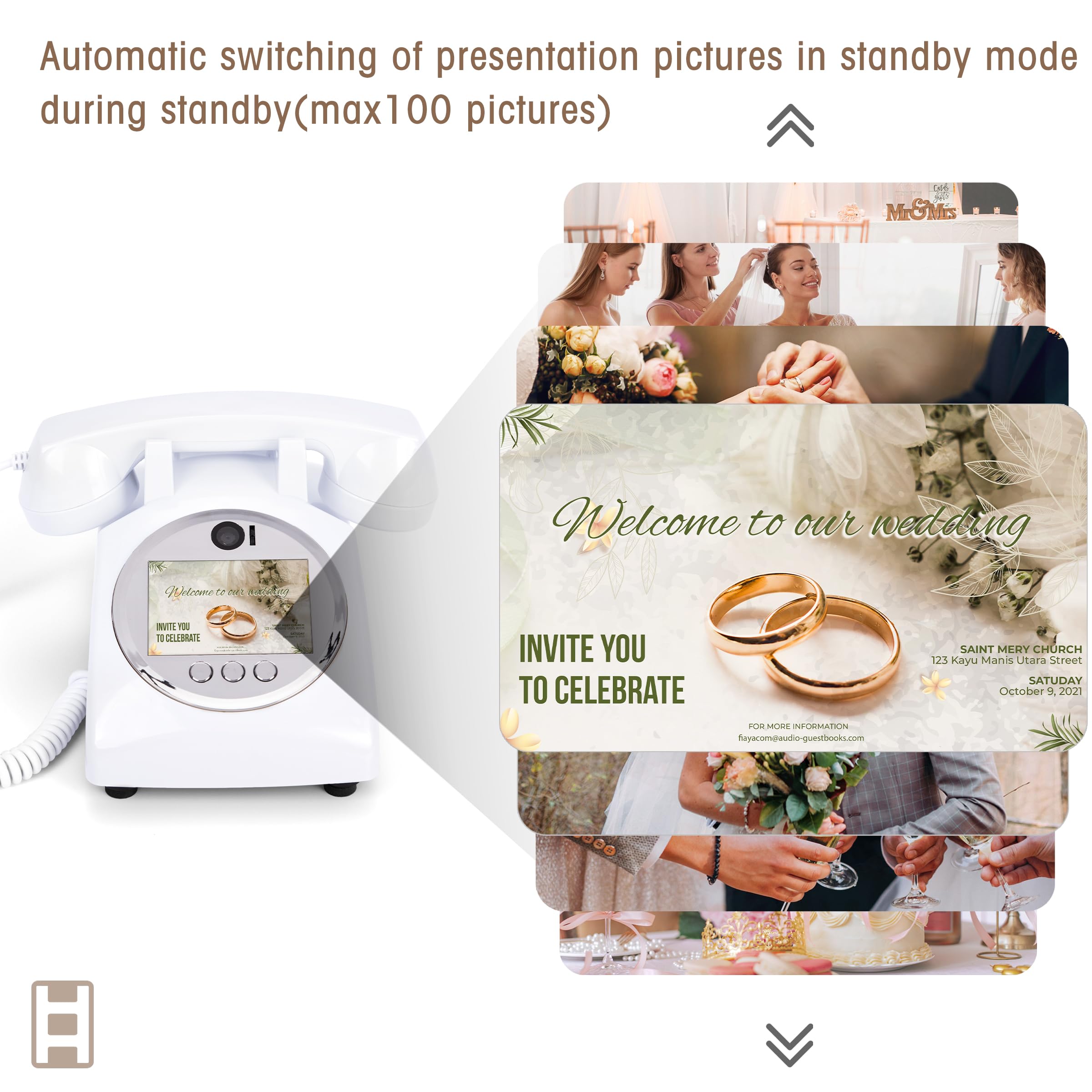 Video-Audio-Gästebuch, Hochzeitstelefon, 1080P HD-Video-Gästebuch, bewahren Sie Ihre besonderen Anlässe auf, ideal für Hochzeit, Brautparty, Geburtstag, Abschlussfeiern, Babyparty (Schneeweiß