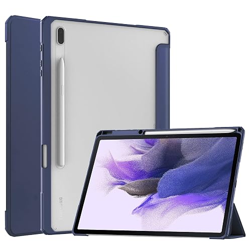 ProElite Smart Flip Case Cover for Samsung Galaxy Tab S8 Plus/S7 Plus/S7 FE 12.4 Inch SM-X800/X806/T970/T975/T976/T735 with S Pen Holder, Dark Blue [Transparent Back]