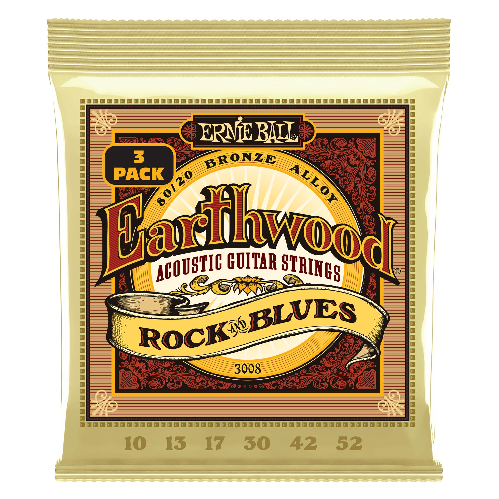Ernie Ball Earthwood Rock & Blues 80/20 Bronze Acoustic Guitar Strings 3-pack, 10-52 Gauge (P03008)