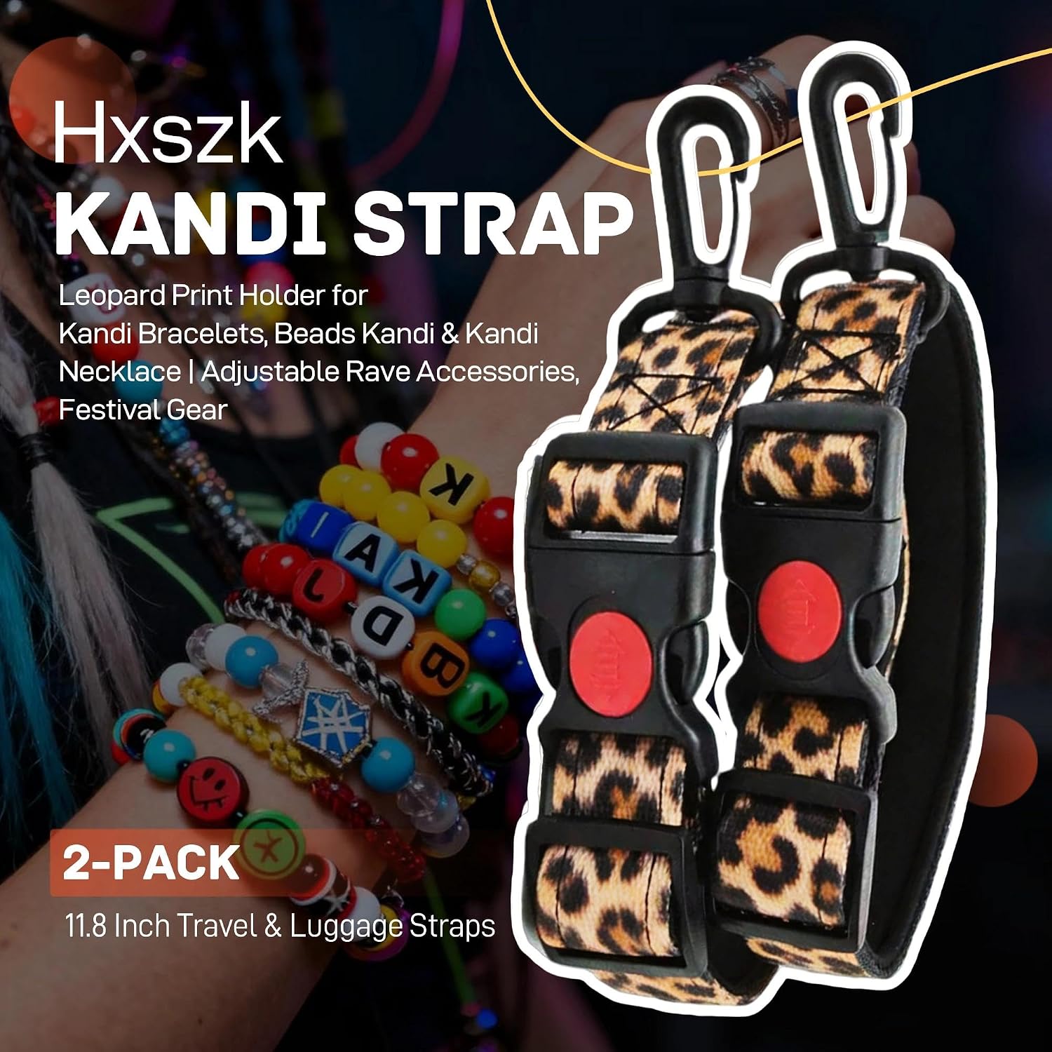Kandi Strap 2-Pack, Leopard Print Padded Holder for Kandi Bracelets, Beads Kandi & Kandi Necklace | Adjustable Rave Accessories, Festival Gear, 11.8 Inch Travel & Luggage Straps image 2