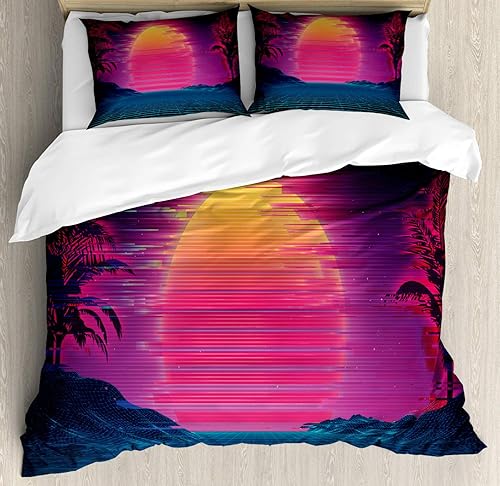 Ambesonne Synthwave Duvet Cover Set, Retro Futurism Inspired Illustration Artwork with Sun and Palms, Decorative 3 Piece Bedding Set with 2 Pillow