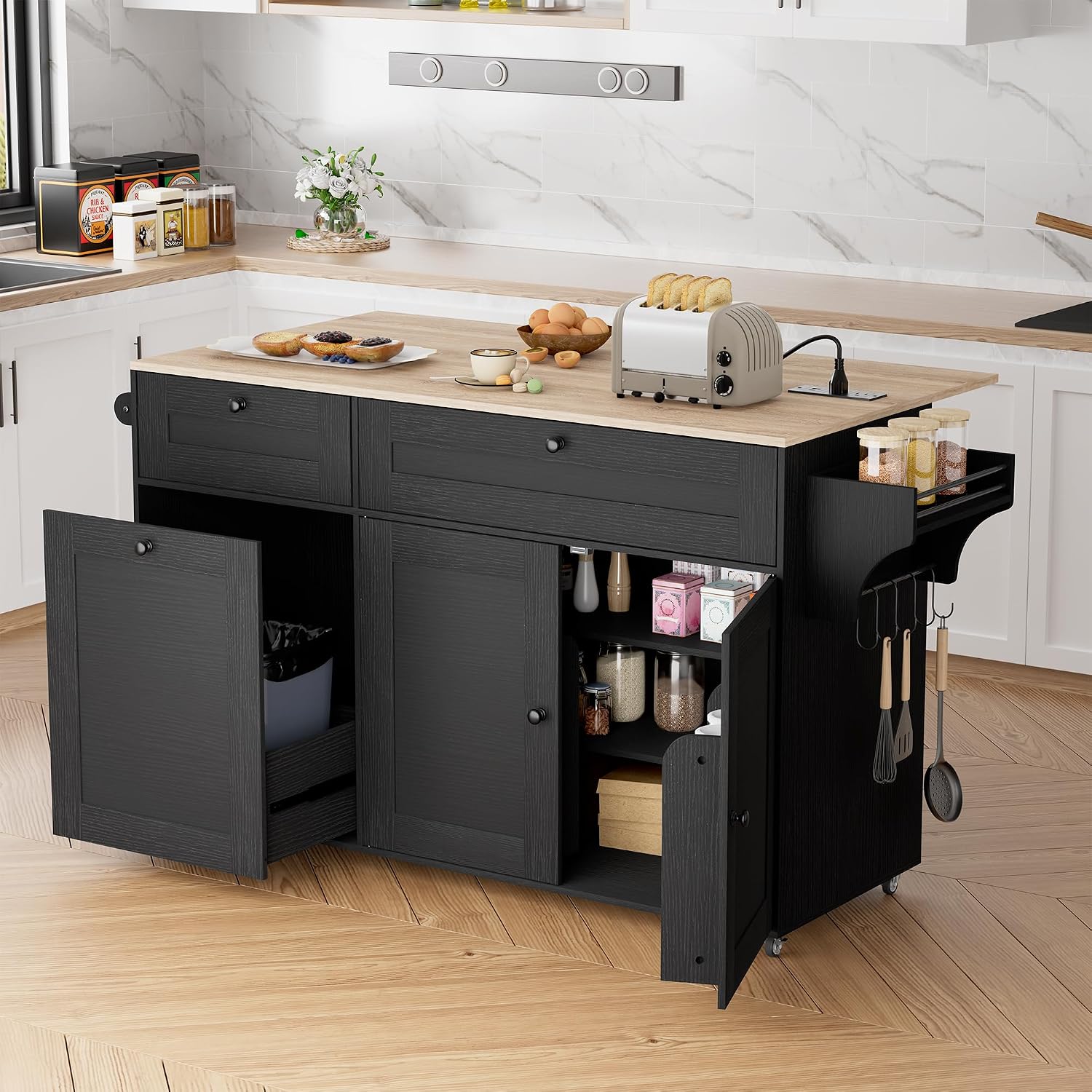 Kitchen Island on Wheels with Storage, Rolling Island Cart with Trash Can Storage, Drop Leaf Island Table with Power Outlet, Drawers, Towel Rack, Spice Rack, Black