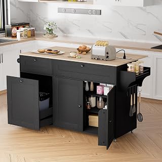 Kitchen Island on Wheels with Storage, Rolling Island Cart with Trash Can Storage, Drop Leaf Island Table with Power Outlet, Drawers, Towel Rack, Spice Rack, Black