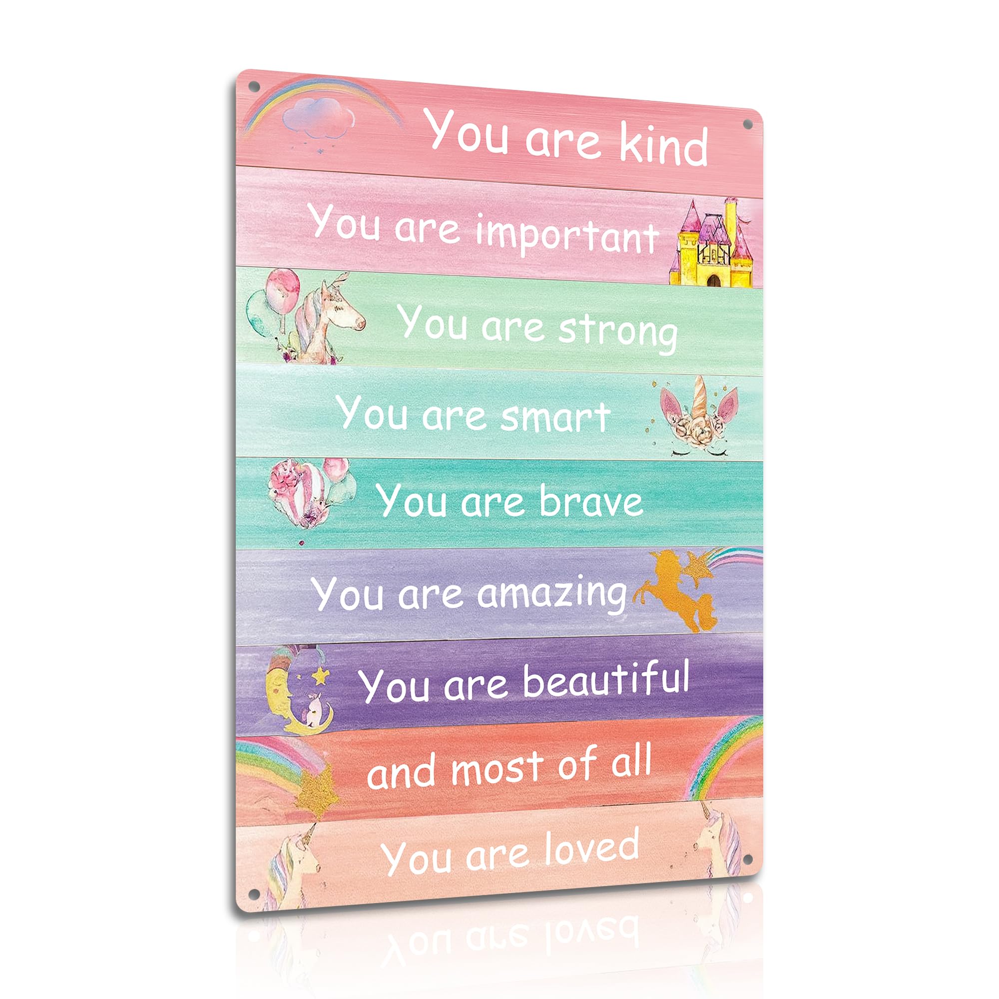 You Are Loved Metal Wall Sign 8×12 Inch – Rainbow Unicorn Inspirational Quote Plaque – Positive Affirmation Wall Art for Kids Bedroom or Nursery (2571)